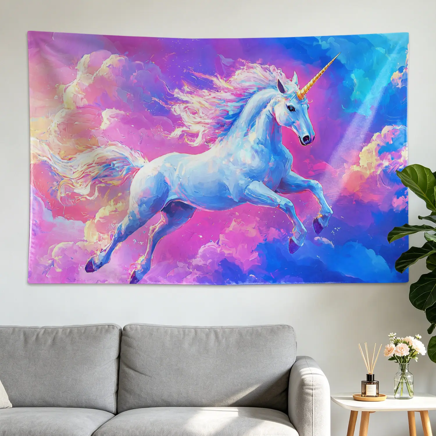 Fantasy Unicorn Aesthetic Polyester Wall Tapestry - Large Horizontal Printed Decor, Colorfast Artwork for Living Room, Room Decor, No-Installation Wall Hanging, Gift Idea for Family