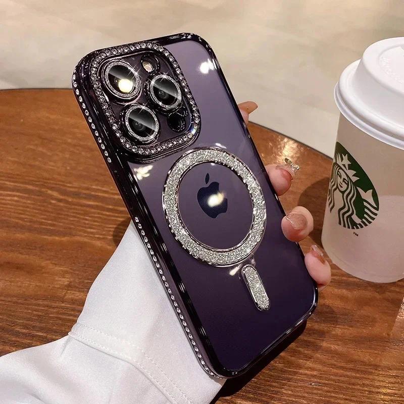 Luxury Bling Crystal Lens Film Phone Case For iPhone 15 11 12 13 14 Pro Max Plus Magsafe Magnetic Wireless Charging Clear Cover