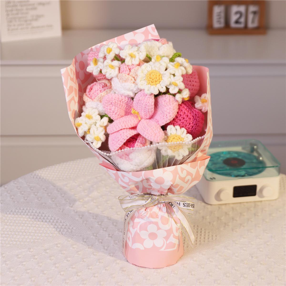 Handmade Crochet Flower Bouquet, 1 Bunch Decorative Artificial Flowers for Home Decor, Weddings, Parties & Anniversaries, Perfect Gift for Valentine’s Day, Birthday, Mother’s Day & Thanksgiving, Fake Flower