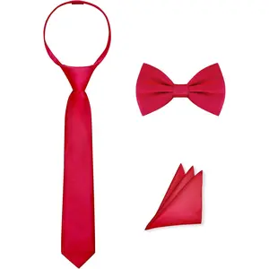 Pre-Tied Boys Set: Necktie, Bow Tie, Pocket Square | Adjustable Zipper Tie | Stain Formal Wear for Wedding Party