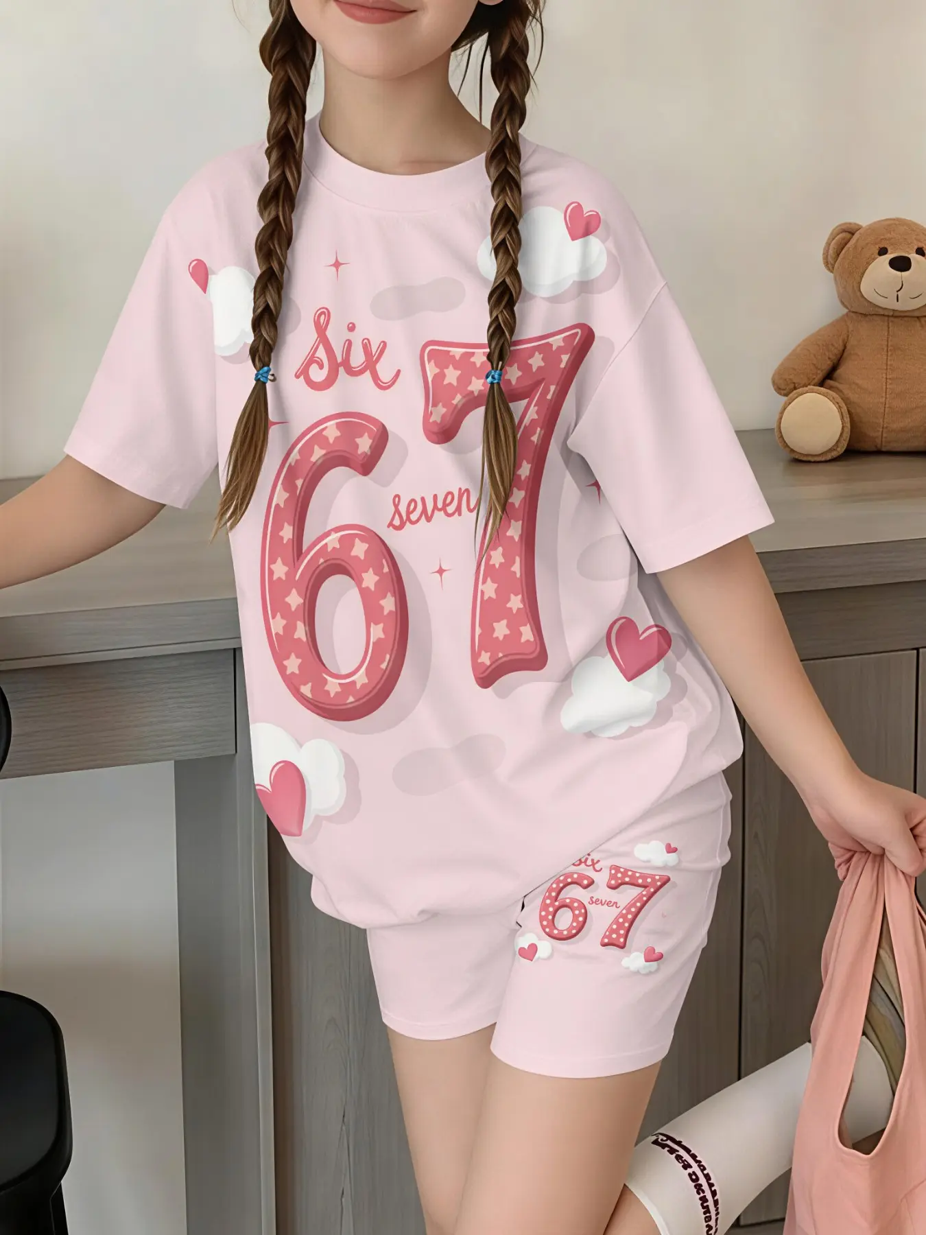 Pale Pink Star Number 67 Cloud Heart Graphic Girls 2 Piece Summer Play Set Lightweight Wrinkle Resistant Comfort Outfit For Pre Teen Girls Mall Trip Park Picnic Sleepover Outfit Trending LA Preteen Girl Essential