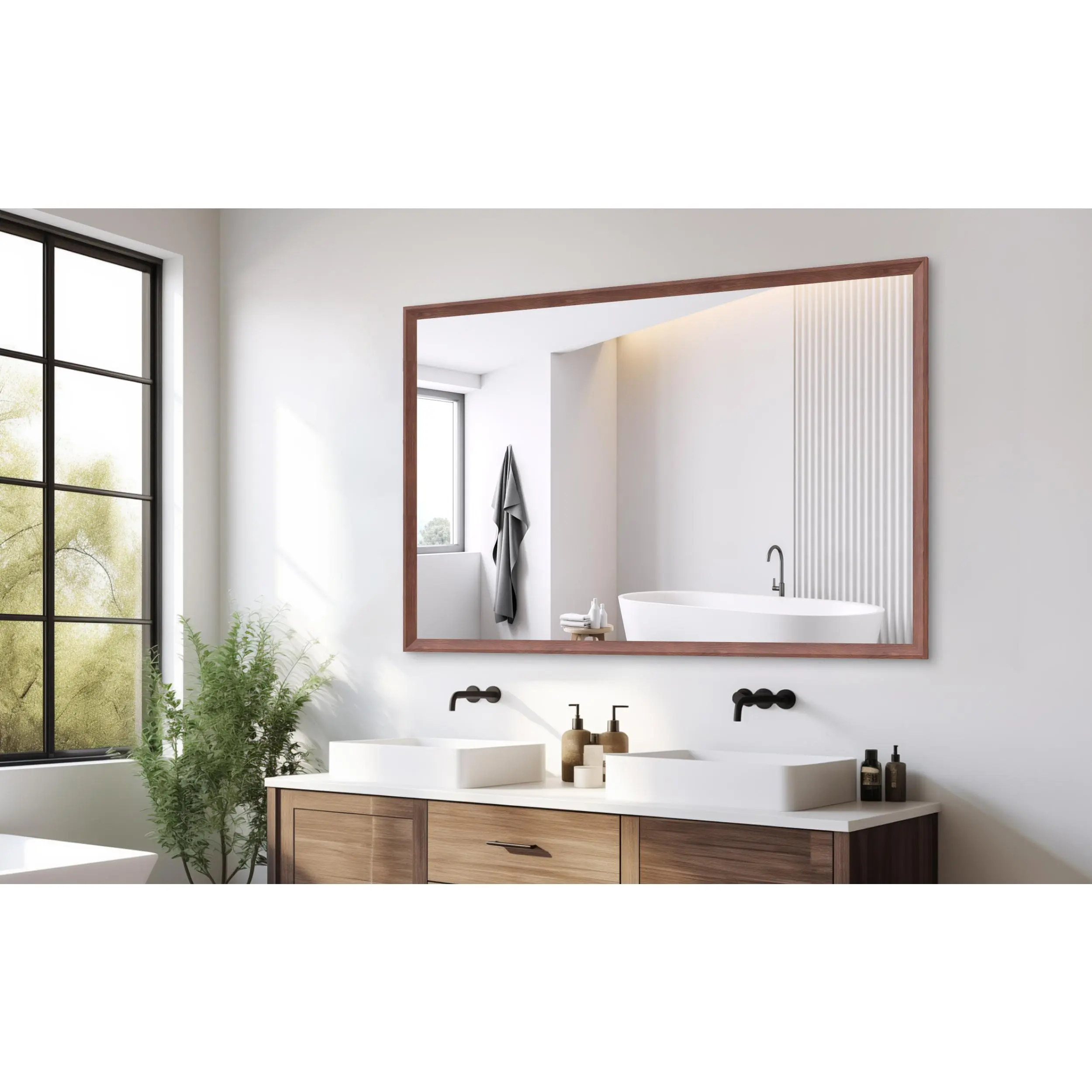 60x40 Inches Oversized Modern Design Wall Mirror with Walnut Wood-Look Aluminum Frame, Lightweight Durable Wall-Mount Decor, Vertical/Horizontal Hanging for Bathroom Dressing Areas, Easy-to-Handle Home Bathroom Supply