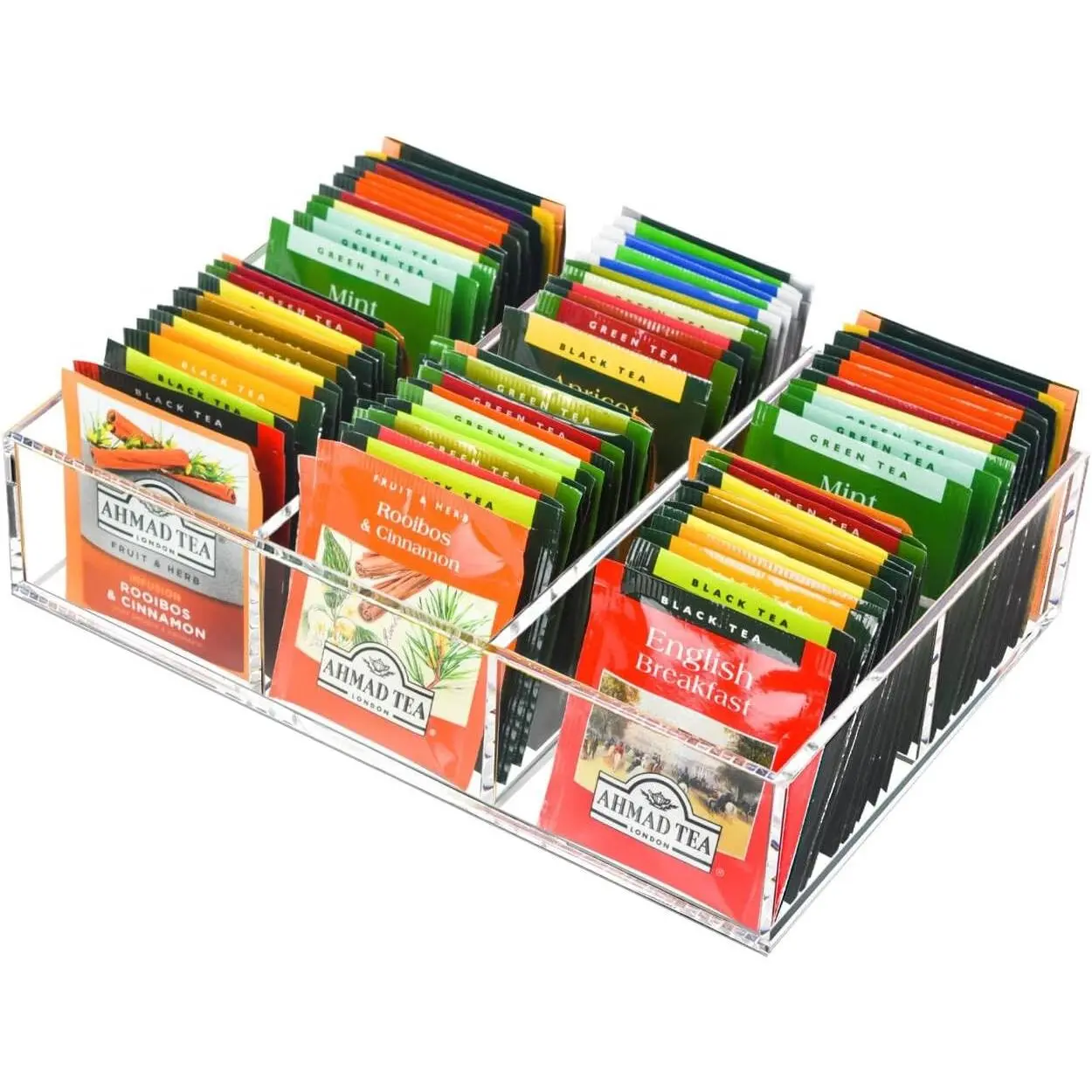 Acrylic Tea Bag Organizer, Clear Tea Bag Holder, Drawer Organizer with Removable Dividers, 6 Slot Tea Organizers and Storage for Countertop, Drawer, Pantry, Kitchen, Cabinet