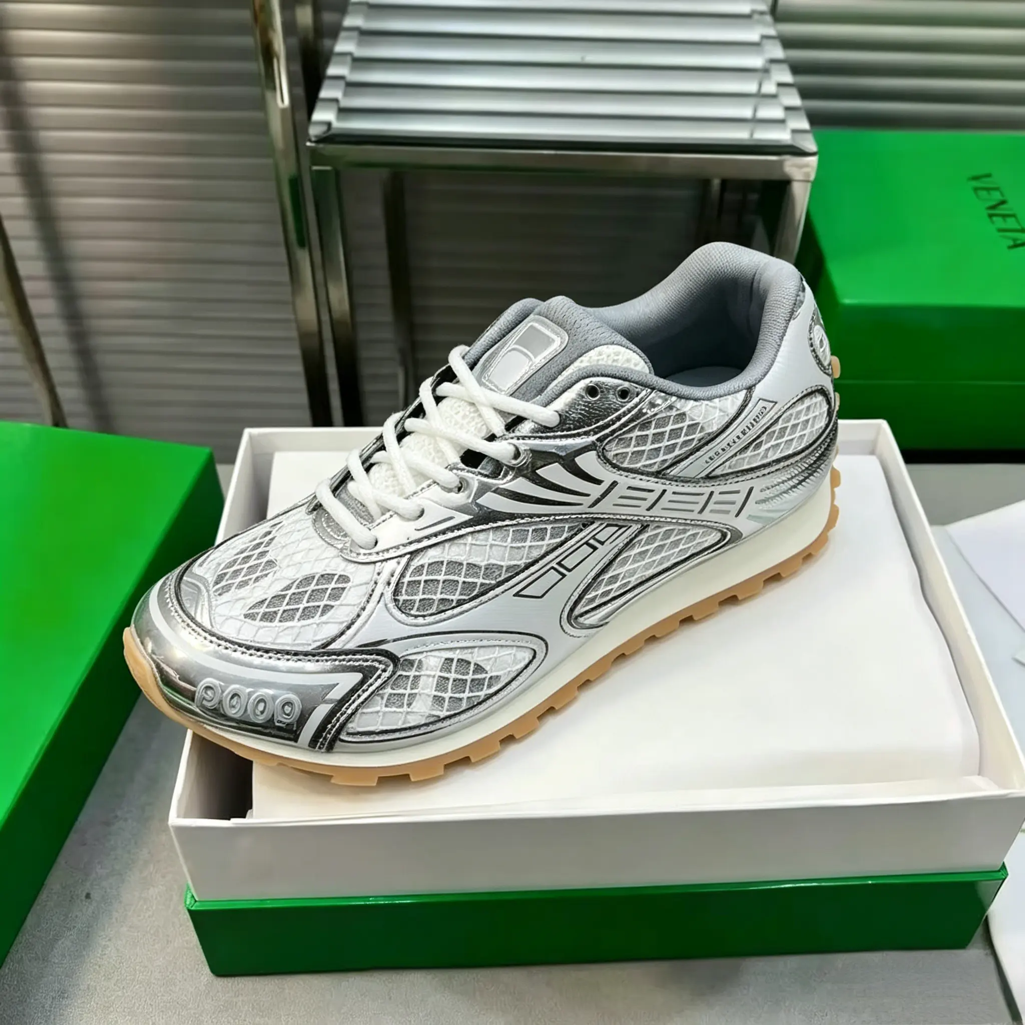 metallic silver overlay sneakers, diamond grid breathable mesh trainers Unisex Retro Running Sneakers, Silver Metallic Panel Breathable Grid Mesh Lace Up Shoes, Serrated Gum Lug Outsole Non Slip Outdoor Walking Athletic Trainers