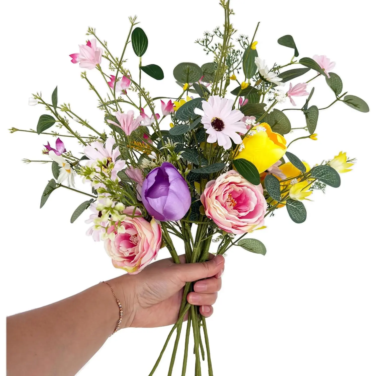 Artificial Spring Wildflowers Bouquet - 8 Pcs Wild Flowers Bulk Fake Silk Tulips, Daisies & Floral Stems for Vase Fill, Home Decor, Table Centerpiece, Indoor Garden Spring Arrangement