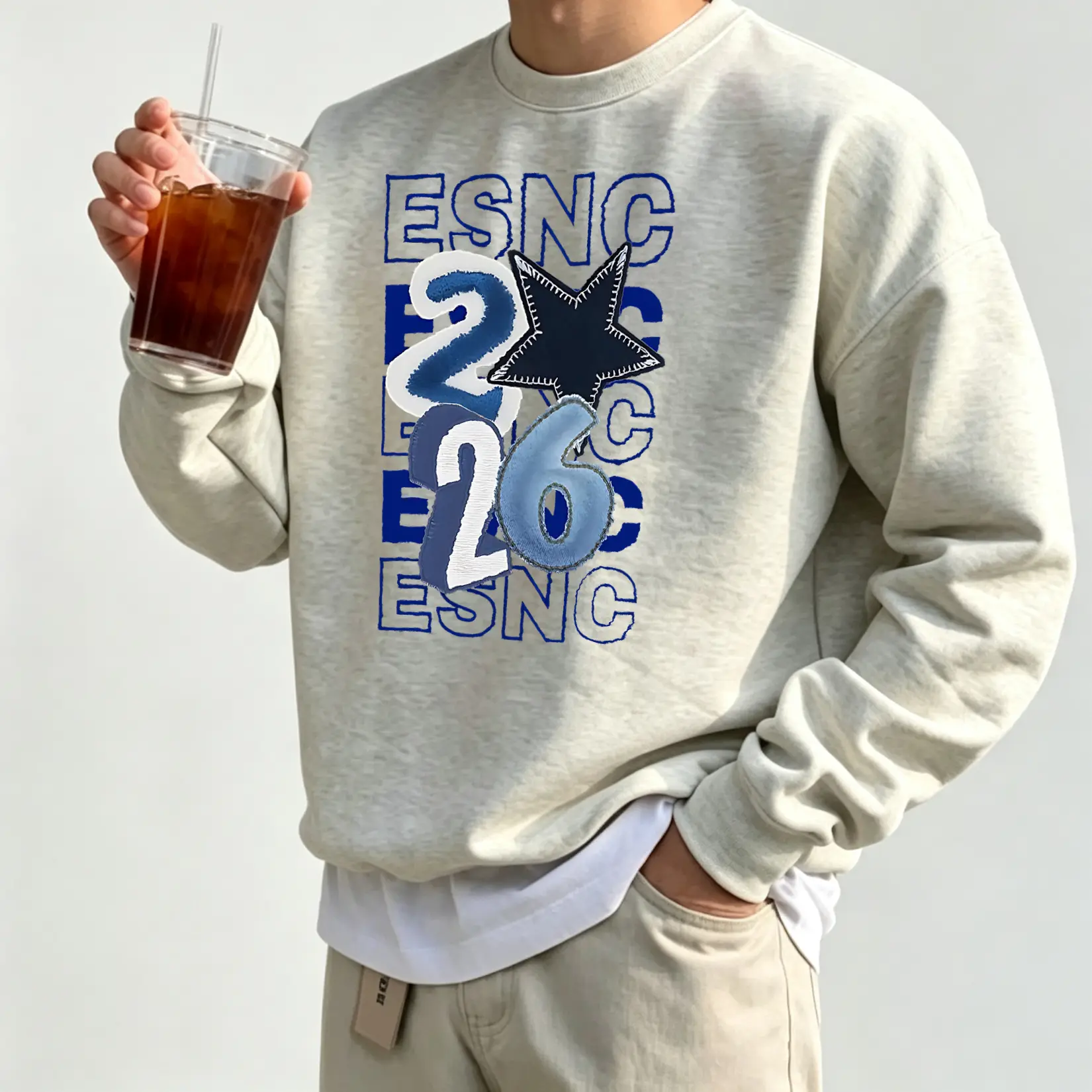 Loose Crewneck Sweatshirt Stacked ESNC Text 2026 Star Vintage Print Streetwear Male Weekend Travel Outfit Breathable Casual Top
