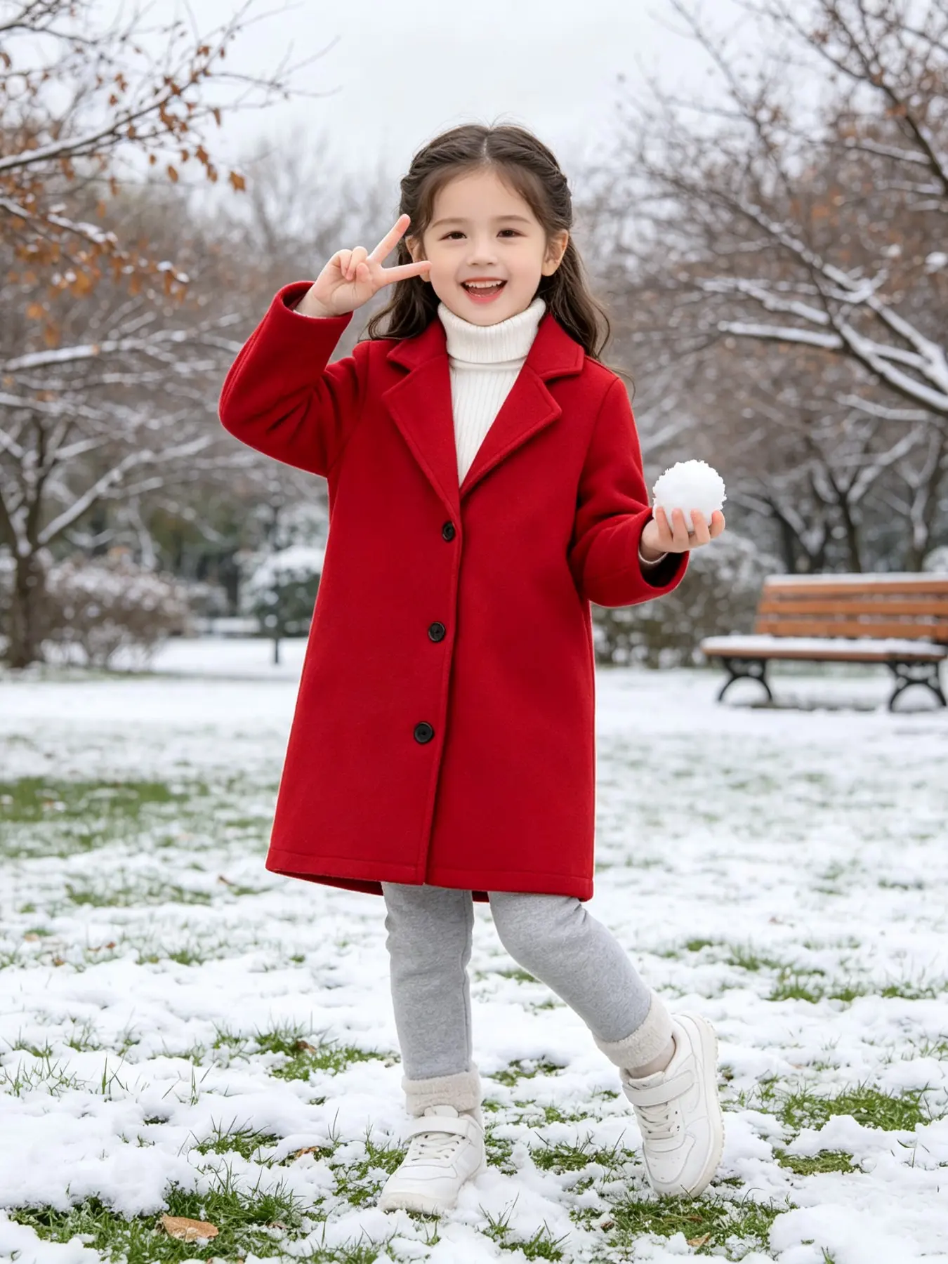 Girls' Classic Lapel Wool Coat, Mid-Length Button Winter Outerwear, Christmas Festival, Casual Slim-Fitting Style