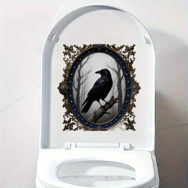 Gothic Bird Toilet Sticker, Mysterious Crow with Blue Sapphire Frame, Bathroom Decor, Halloween Gift, Unique Wall Art