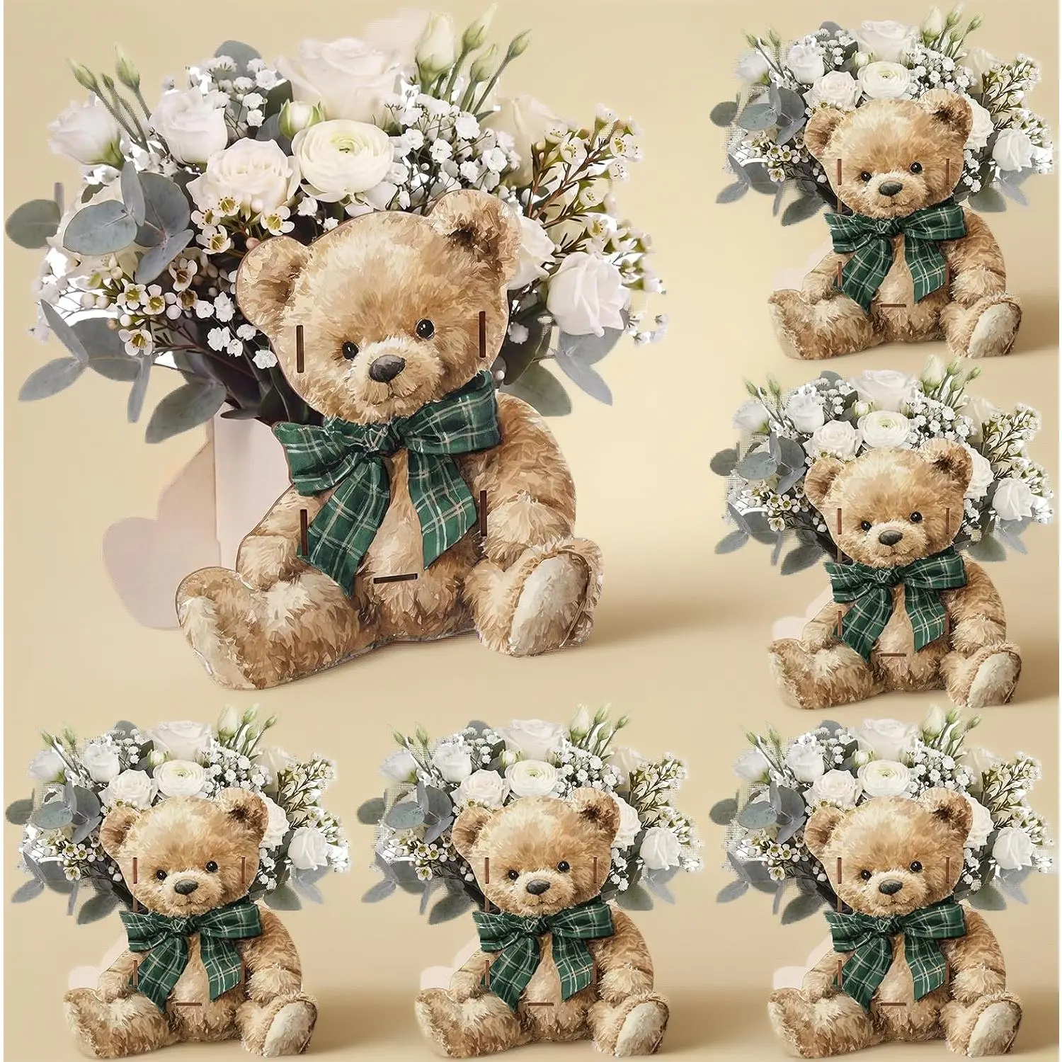 Vintage Tartan Bow Bear Wooden Table Centerpieces 6Pcs |   We Can Bearly Wait Baby Shower Decor, Tabletop Boxes for Gender Reveal & Birthday Party Favors