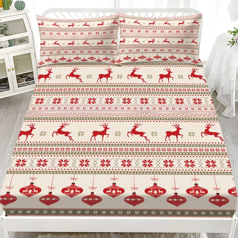 3 Piece Christmas Reindeer Print Bed Sheet Set, Soft Linen for Bedroom or Guest Room, Includes 1 Duvet Cover & 2 Pillowcases (without Inner Core)