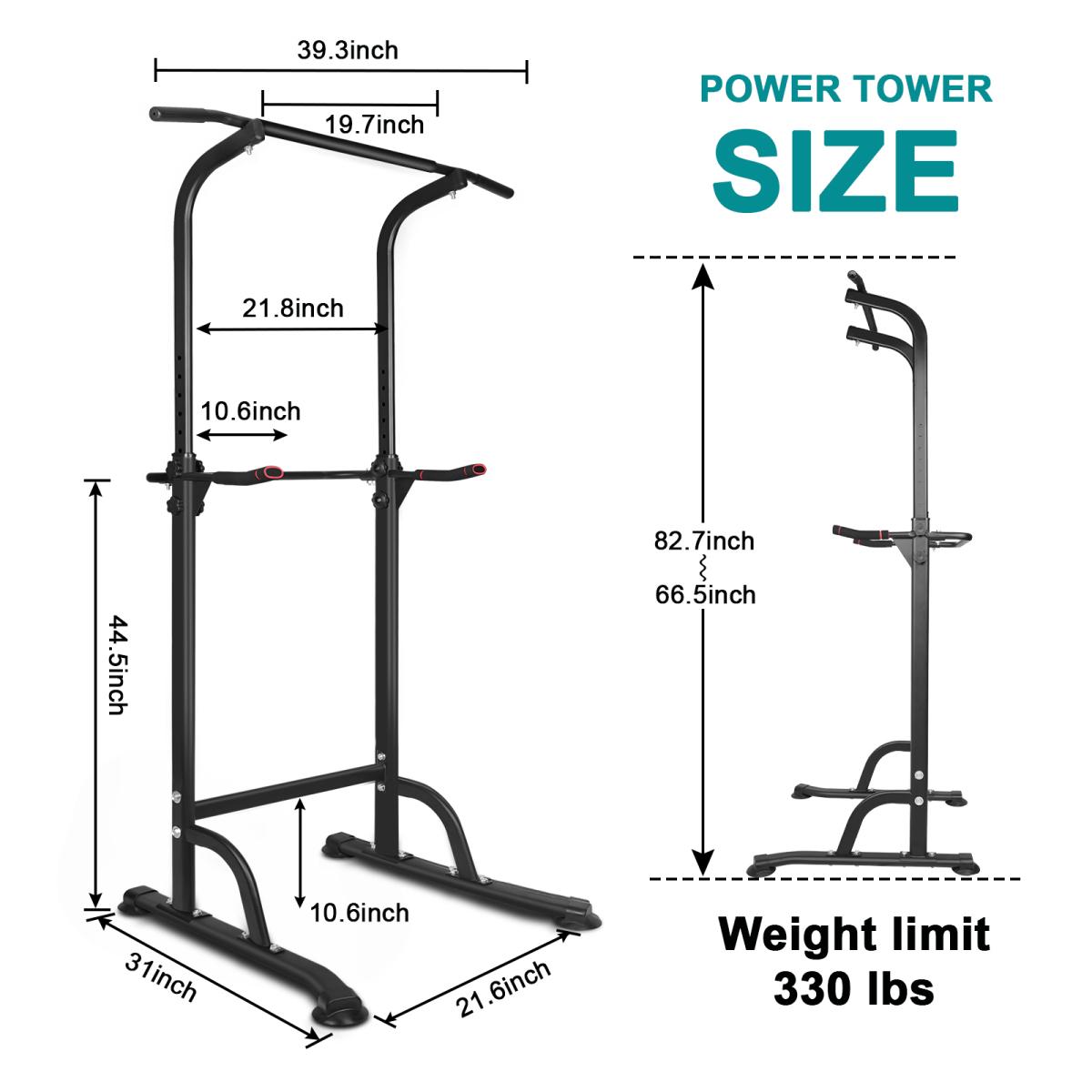 [Fahuac] Power Tower Dip Station, Adjustable Height 66.5"-82.7" Heavy Duty Multi-Function Fitness Training Equipment, 330 lbs Capacity, Space Saving Foldable Design for Home Gym