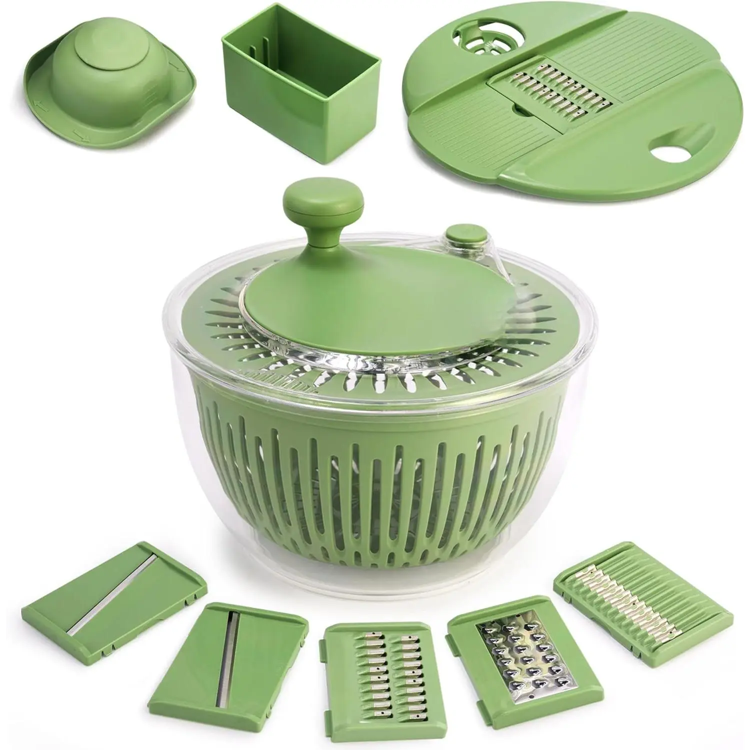 Large salad spinner, vegetable washing bowl, fruit and vegetable dehydrator, equipped with a 5-blade slicer, egg yolk strainer, and chopper, designed for efficient salad preparation and food washing, with a capacity of 4.25 quarts