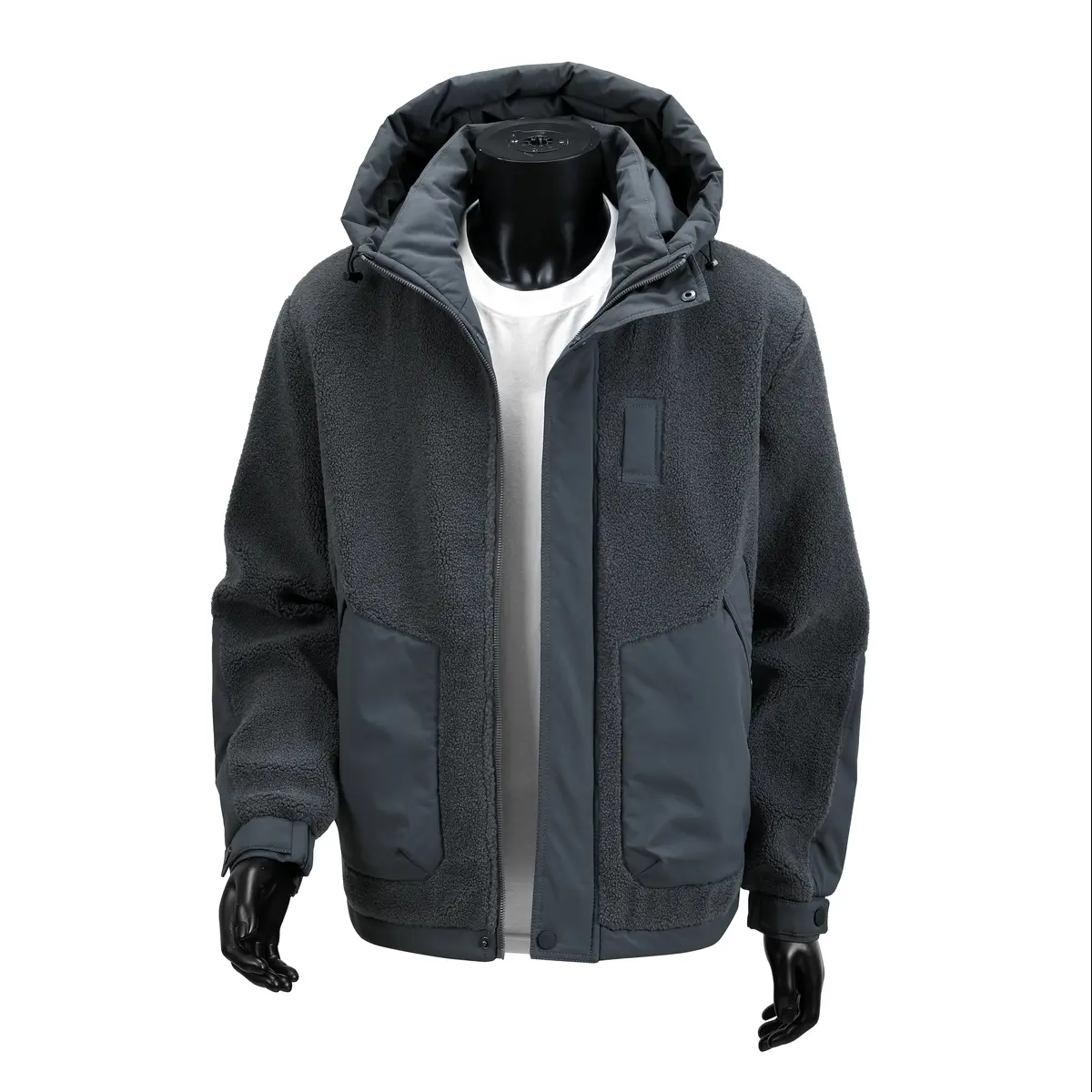 Men's Spliced Sherpa Plush Hooded Winter Coat - Menswear Long Sleeve Casual Top, Zipper Quilted Lining, Adjustable Drawstring Hood, Nylon Buckle, Chest Patch Details, Large Side Pocket, Wind-Resistant Fabric, Suitable for Daily Commuting, Hiking, Coats
