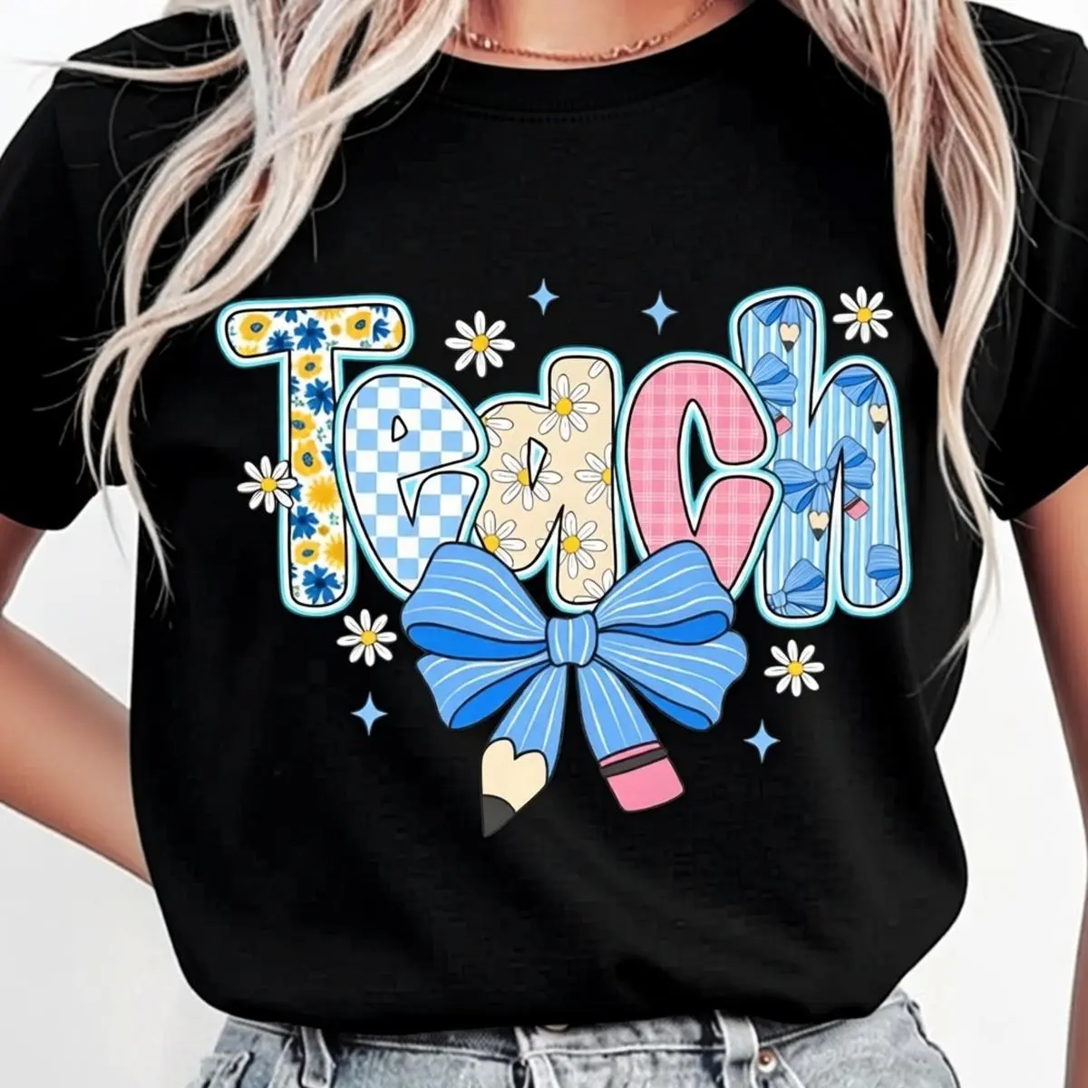 Preppy Teacher Floral Coquette Shirts, Teach Blue Floral Tee, Preppy Teacher Tops, Pencil Bow Teacher Checkered T-Shirts