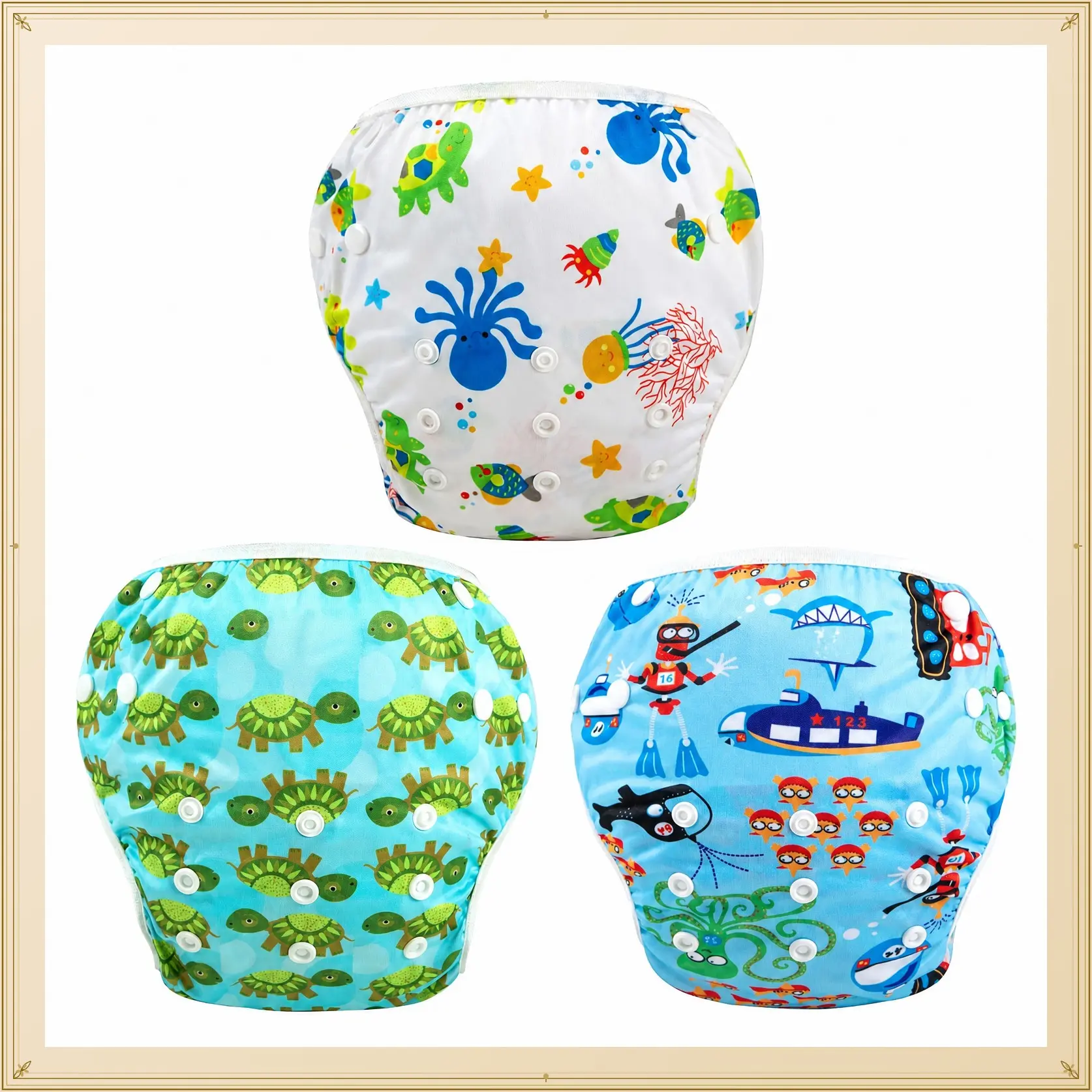 Reusable Swim Diapers,Baby & Toddler Snap One Size Adjustable Reusable Baby Swim Diaper (Diving, Ocean, Turtle, Large, 3 Pack)Gift