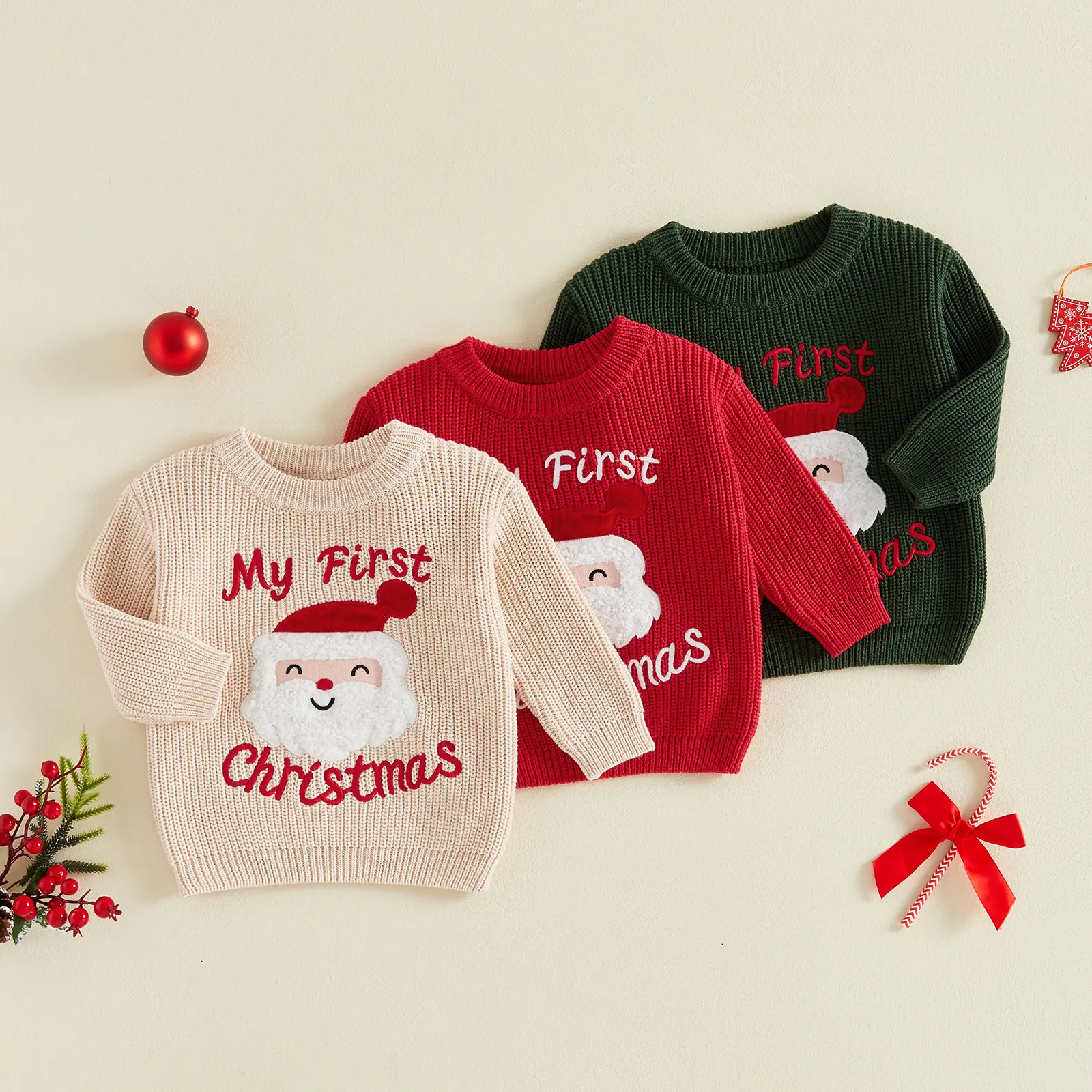 Newborn Baby Boy Girl My First Christmas Sweater Long Sleeve Letters Santa Claus Warm Winter Pullover Tops Fall Winter 0-12 Months