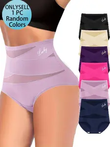 6 Colors Randomly Sent 1pc High-Waist Comfortable Belly Control Underwear, Breathable Mesh Design, Summer Shaping Choice, Casual Fitted Style, Soft Breathable Panties