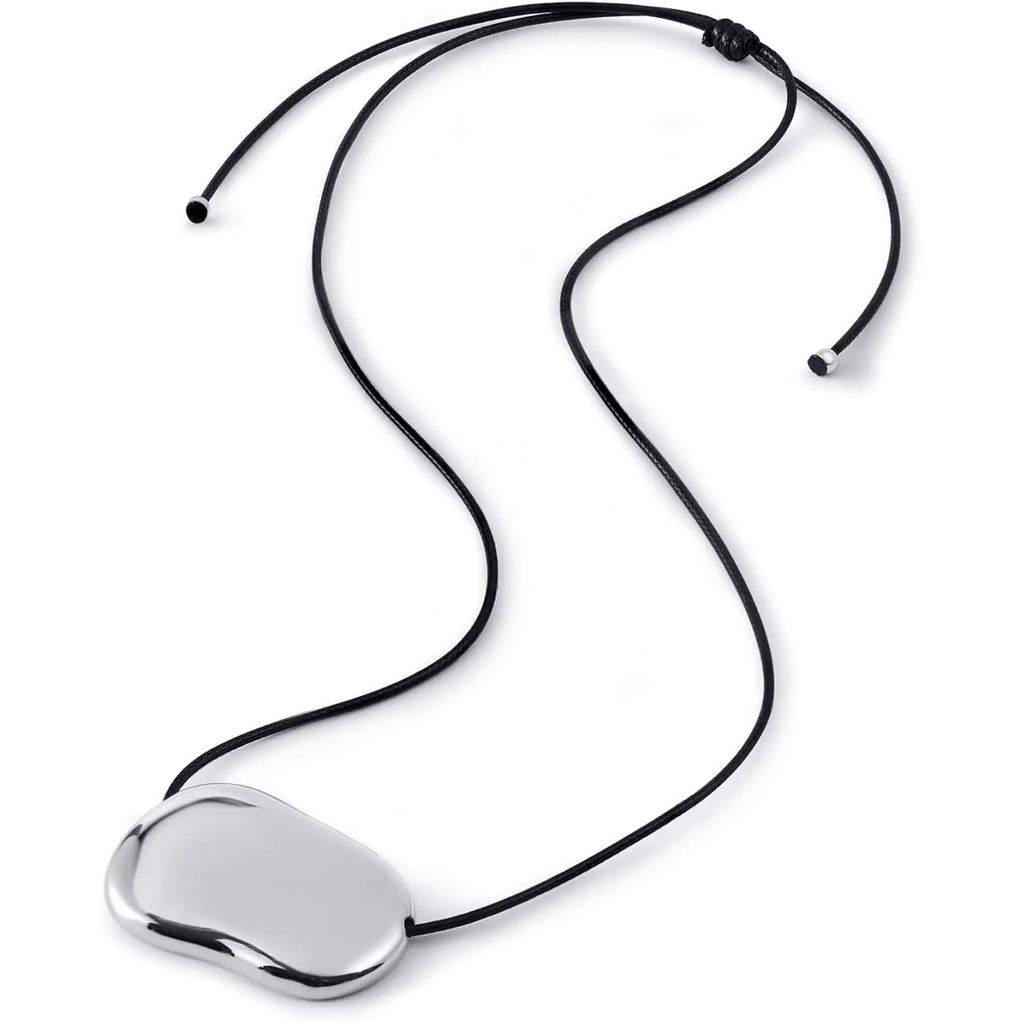 Women's Chunky Gold-Silver Long Pendant Necklace, Minimalist Bean Pebble Charm on Adjustable Black Cord, Adjustable Length Necklace Statement Piece Jewelry
