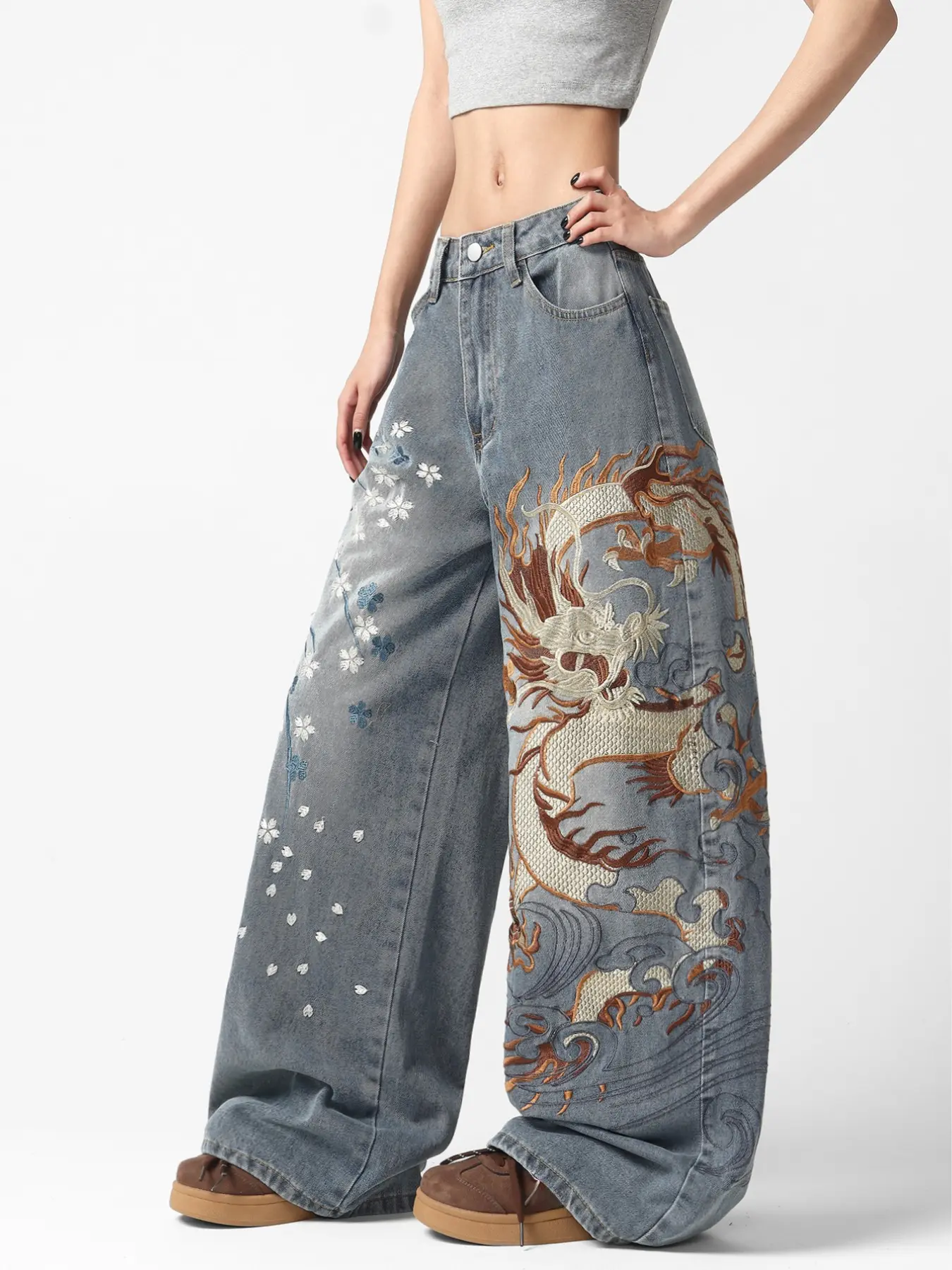 Vintage Washed Dragon Cherry Blossom Embroidered Loose Jeans, Street Style High Waist Slimming Blue Straight Leg Pants for Women