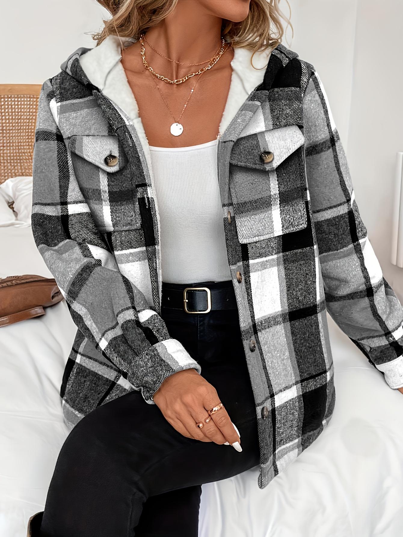 Women's Casual Plaid Hooded Jacket with Fleece Lining 100% Polyester Woven Shirt Button Detail All-Season Warmth Lightweight Outerwear Coats Fitted Khaki Long Sleeve Tops