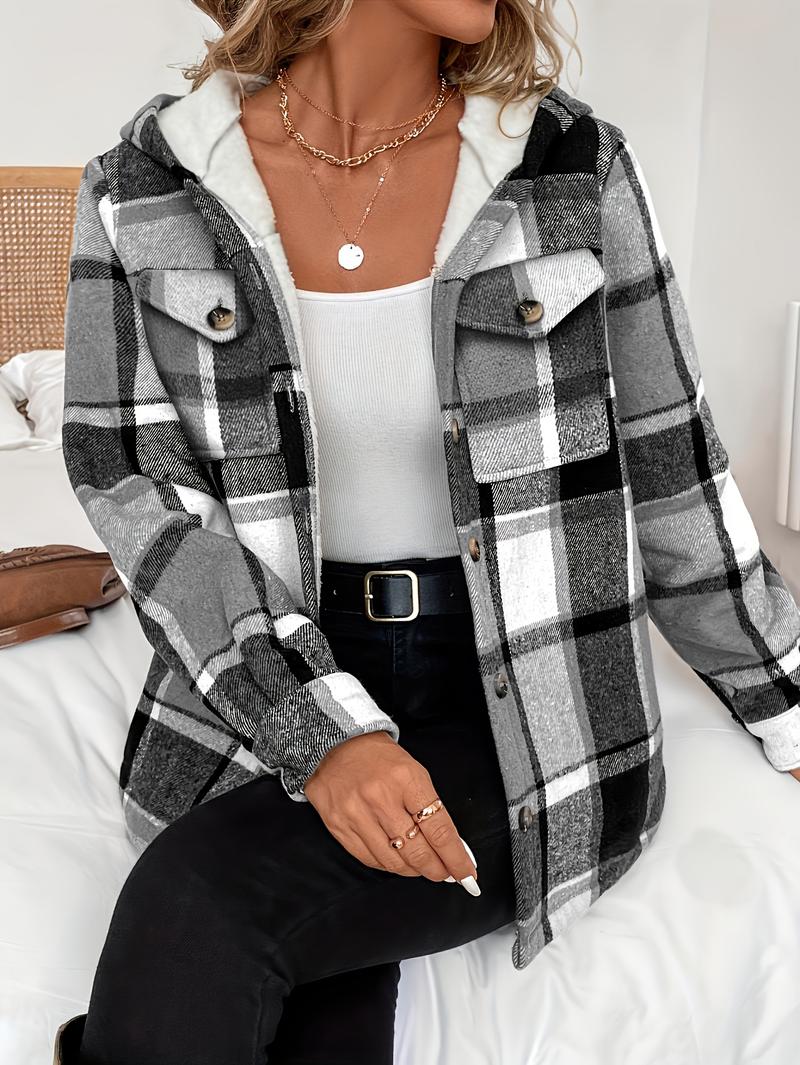 Women's Casual Plaid Hooded Jacket with Fleece Lining 100% Polyester Woven Shirt Button Detail All-Season Warmth Lightweight Outerwear Coats Fitted Khaki Long Sleeve Tops
