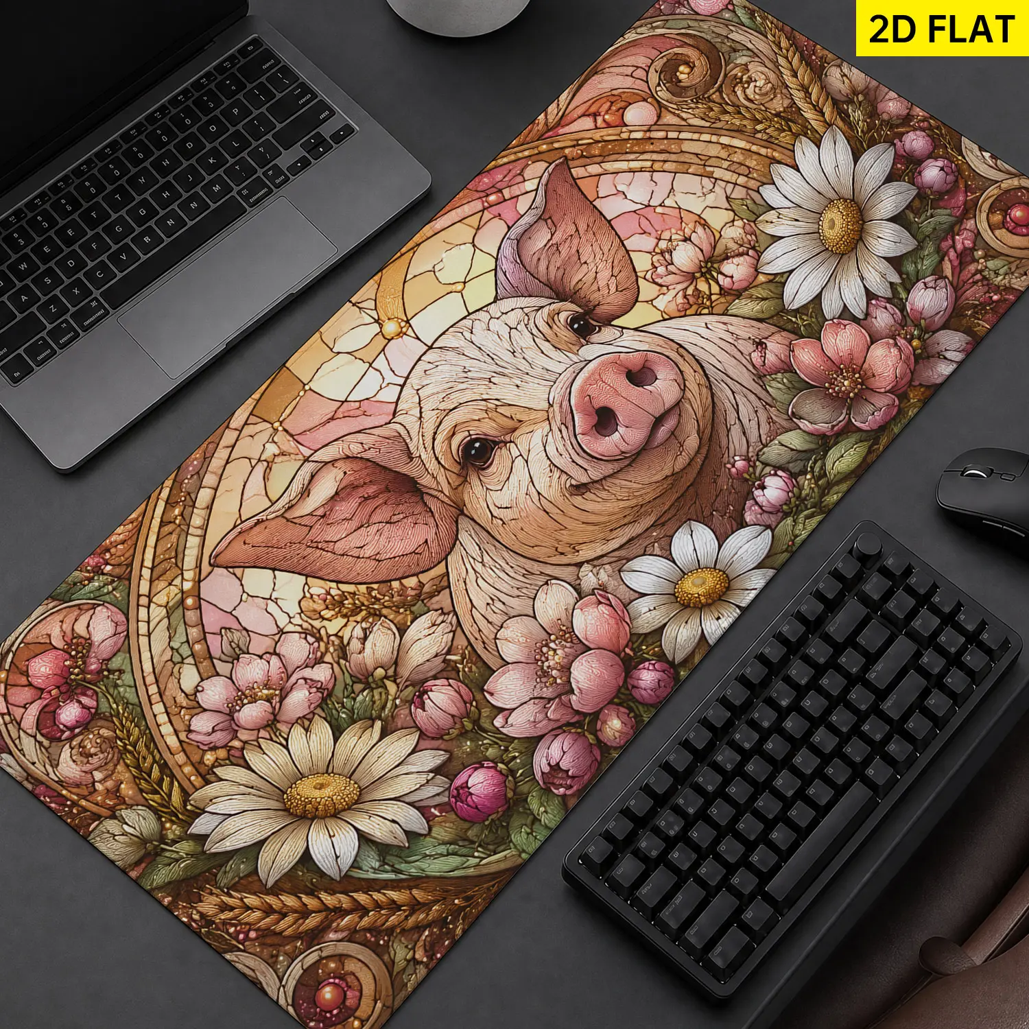 Extra Large stained glass pig and floral art Mouse Pad,Non Slip Rubber Pad,Desktop Decoration Drotection Pad,Washable,Lock Edge Multi Size,Premium Multipurpose Mousepad For Home,Office,Gift for Family and Friends