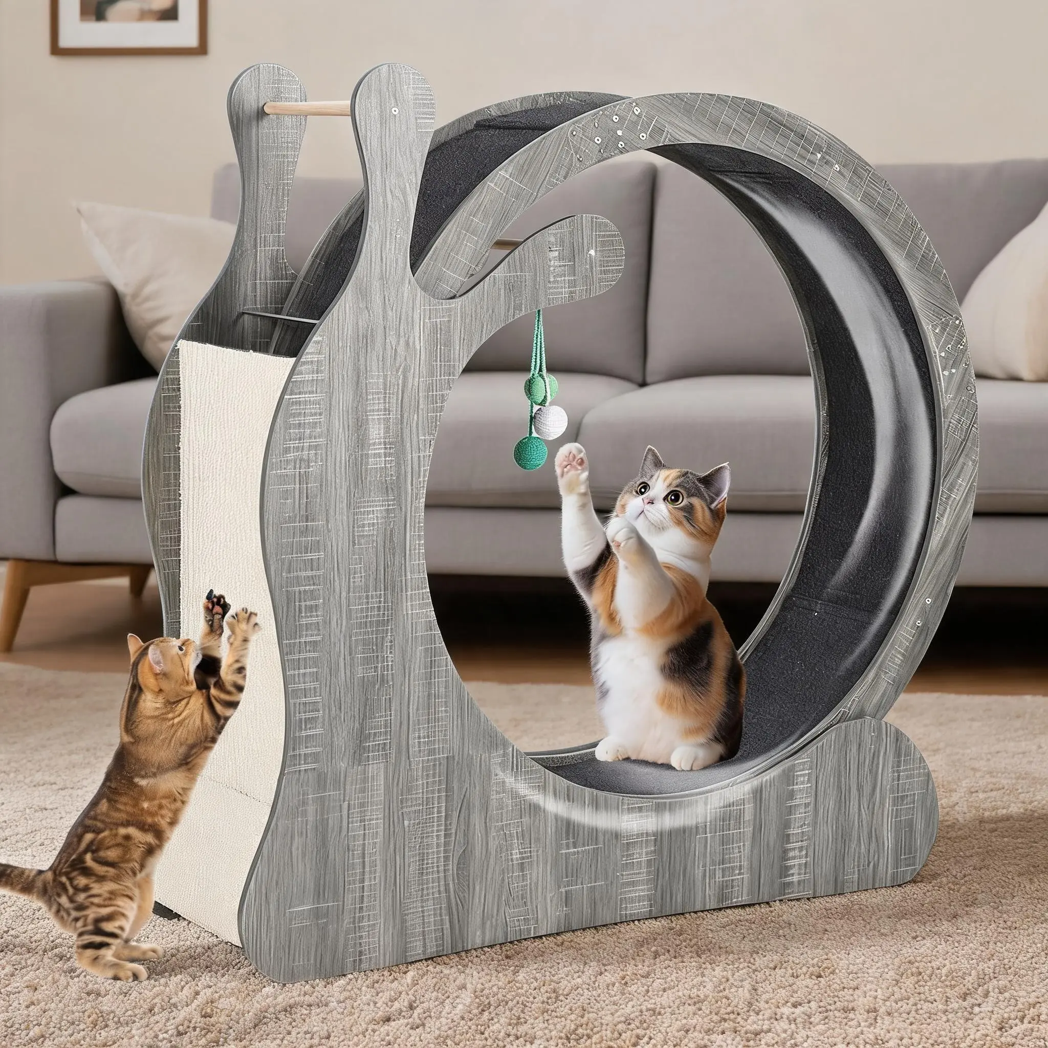 Cat Exercise Wheel for Indoor Pets – 33.5"/37.5", Silent & Stable with Carpet Track – Prevents Obesity & Boredom – Grey/Natural Wood