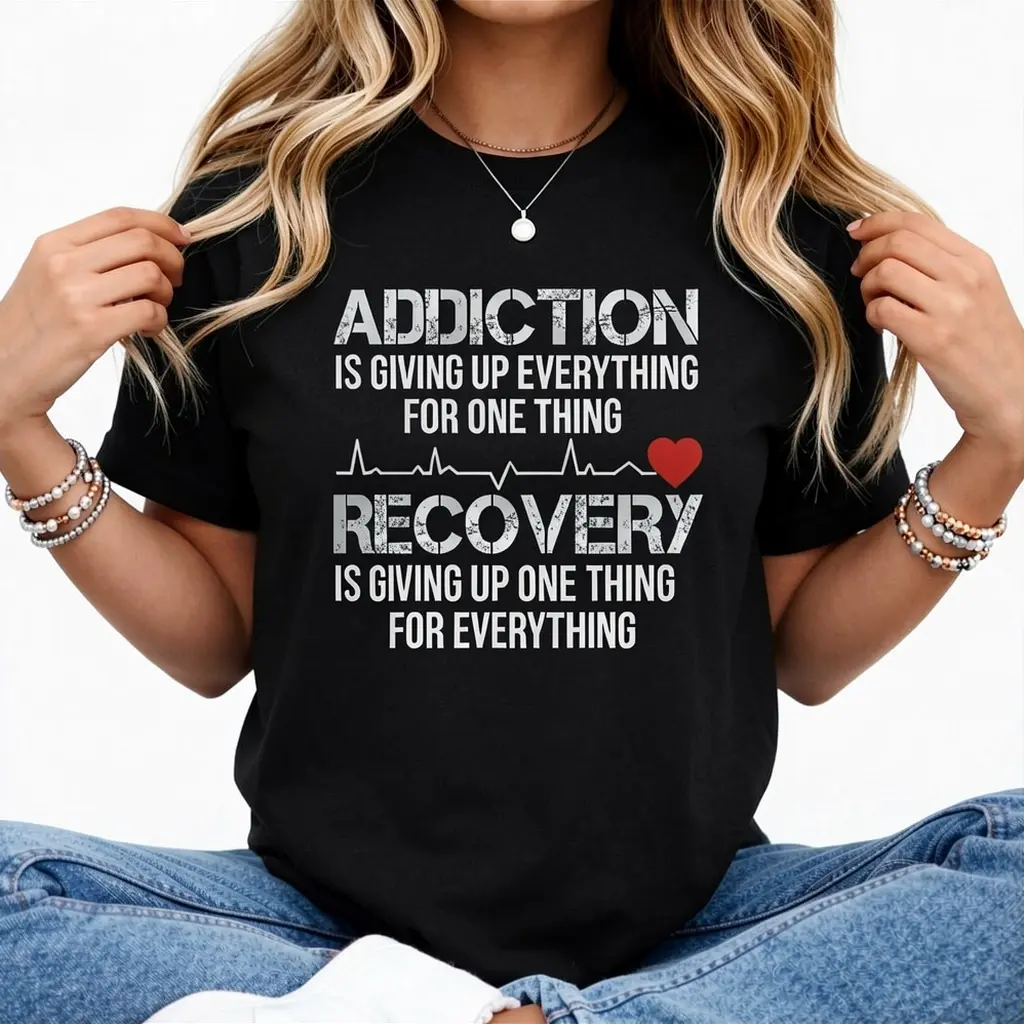 100% Cotton Addiction VS Recovery AA NA Heartbeat for a Clean Sober Life T-Shirt Shirt