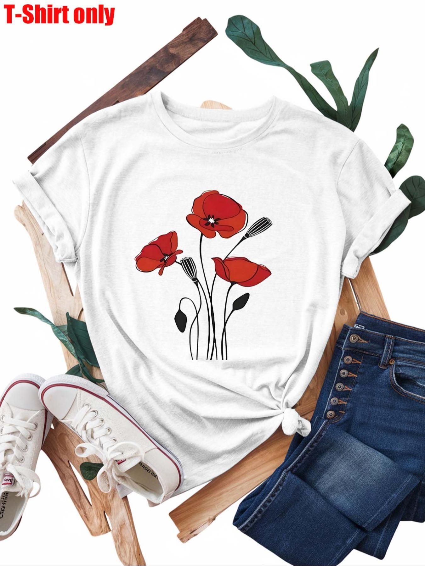 【Plus Size】  Flowers Print Round Neck Tee, Casual Short Sleeve T-shirt for Summer, Women's Clothing for Daily Wear