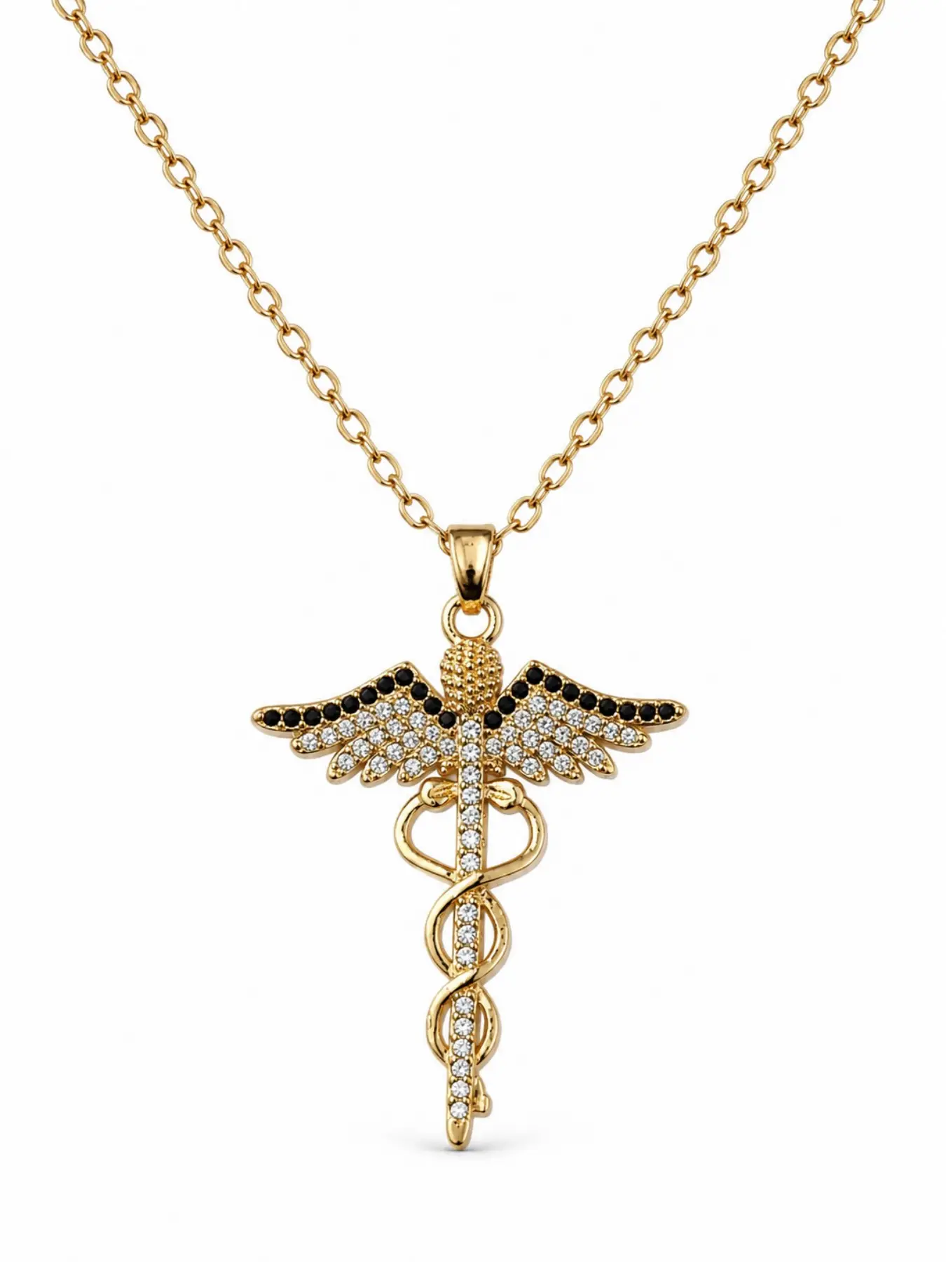Medical Symbol Pendant Necklace with Crystal Angel Wings, Elegant Chain Jewelry for Nurses, Doctors, Healthcare Workers