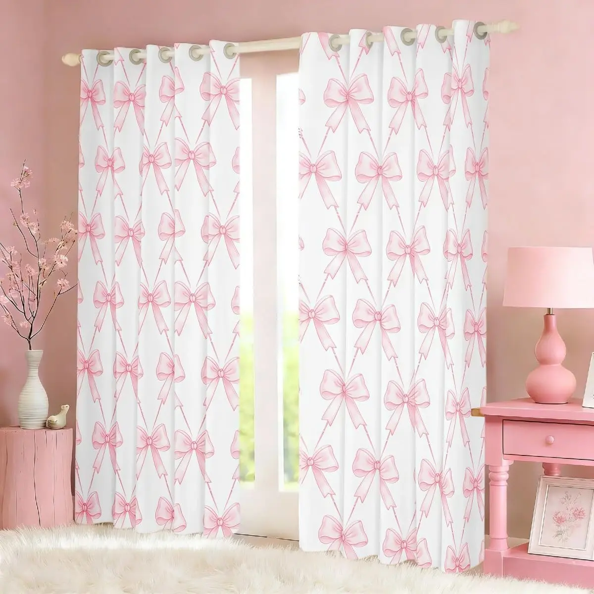 2pcs Butterfly Knot Half-Opacity Curtains for Boys Girls, Bow Curtains for Bedroom Living Room, Cute Window Treatments for Home Decor