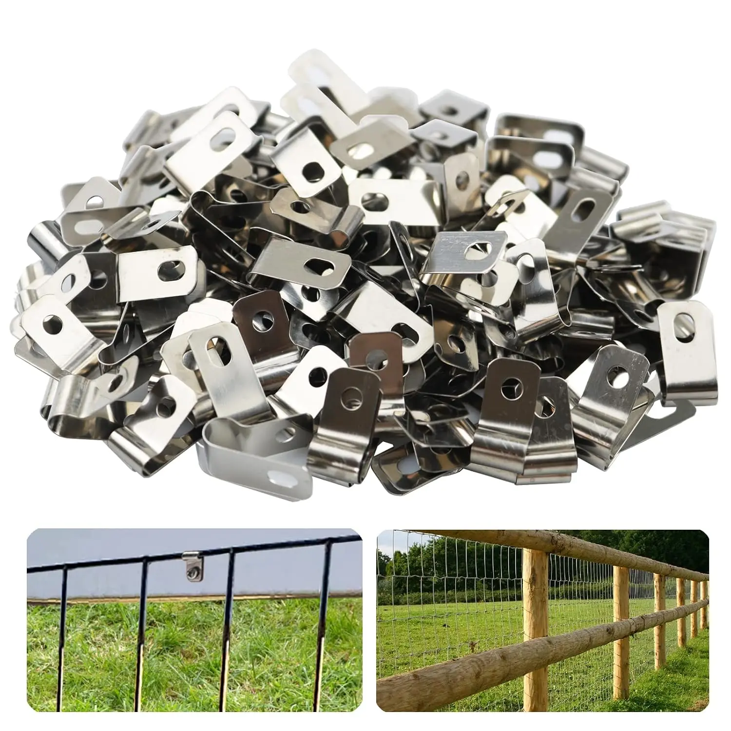 100 count Fence Wire Clamps Agricultural Fencing Mounting Clips, Stainless Steel Cord Clamp for Mount 12-16 Gauge Welded Wire to , Metal or Vinyl Fence