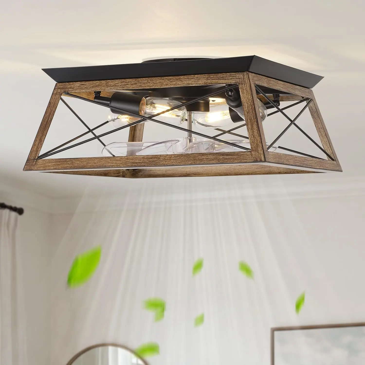Low Profile Ceiling Fans with Lights, 25" Rustic Bladeless Ceiling Fan with Remote Control, Enclosed with 6 Speeds for Bedroom, , Living Room