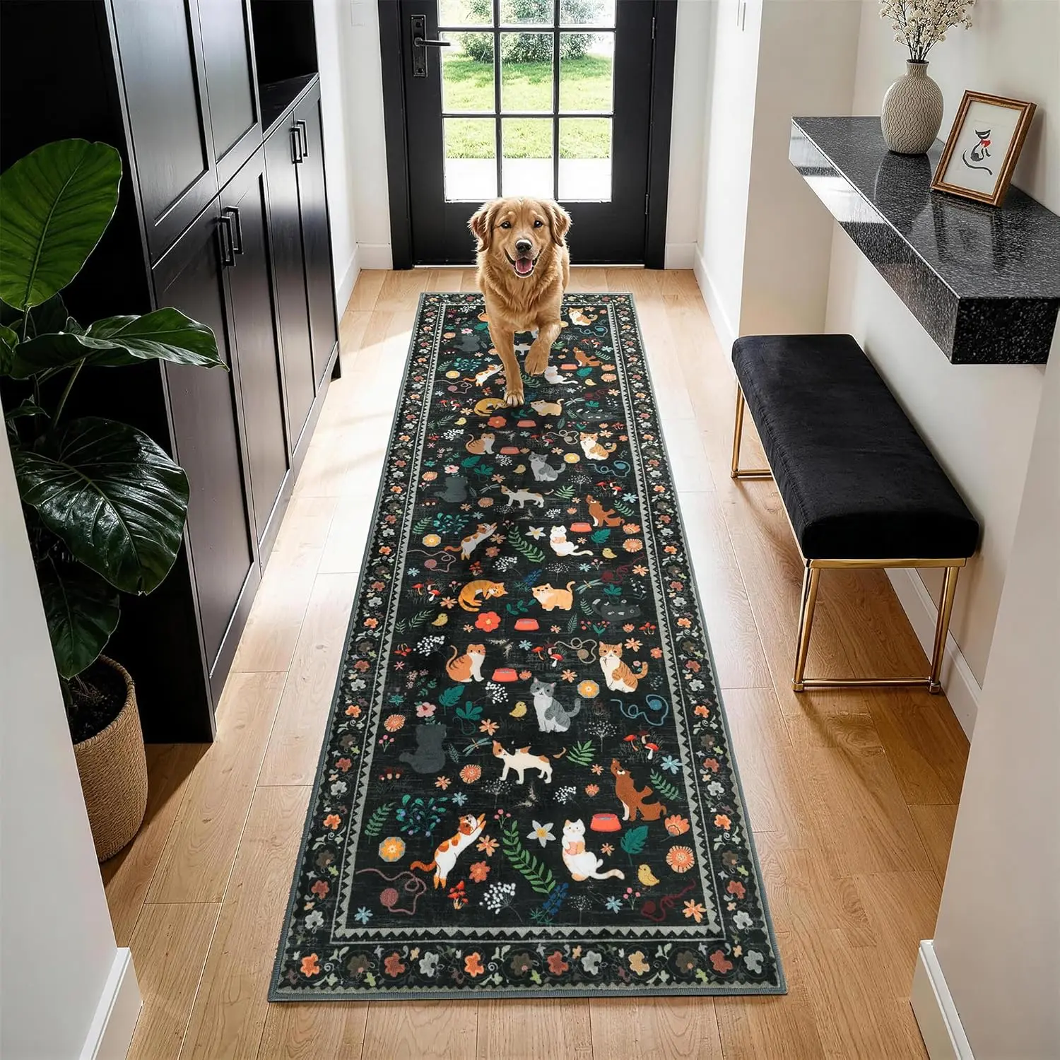 LIANLAM 2.7x8 Cat Themed Runner Rug for Hallway & Kitchen, Washable Non-Slip Long Carpet with Playful Feline Prints, Pet Friendly & Easy Clean Low Pile Floor Mat(2.7x8,Black)