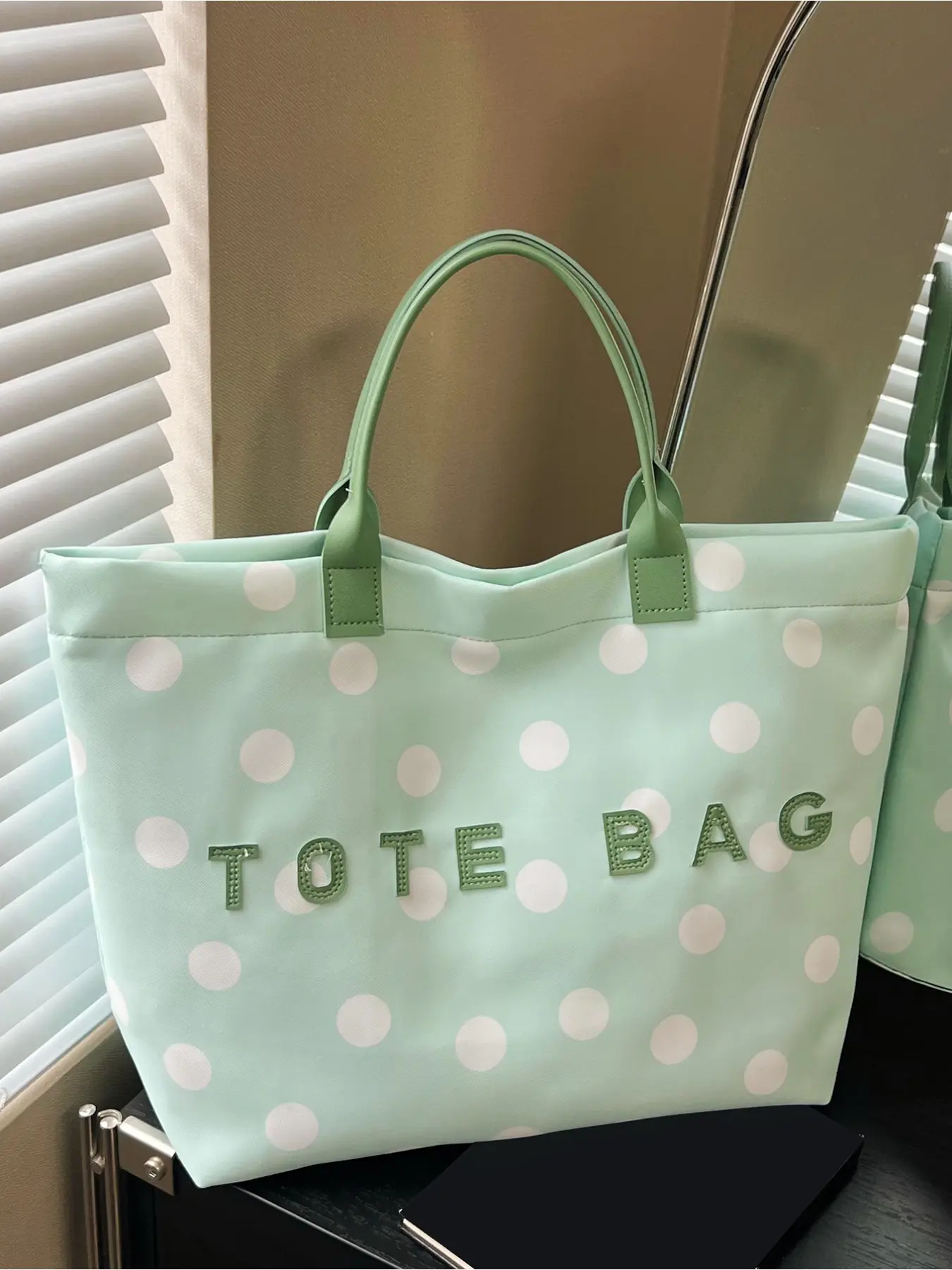 Polka Dot Canvas Tote Bag Women | Letter Print Leather Handle Korean Style | Large Capacity Work Bag for Daily Commute, Casual Everyday Bag