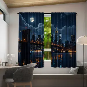 2-piece set - New York Night View Urban - Printed semi-transparent curtains, rod bag curtains, suitable for living room, bedroom, home decoration, machine washable, hookless