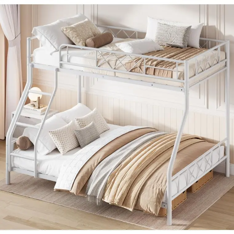 Garvee Bunk Bed Twin Over Full for Adults & Teens, Heavy Duty Metal with Ladder & Safety Rails, No Box Spring Required, Space Efficient Furniture for Bedroom, Dorm, White-[Two Packages]