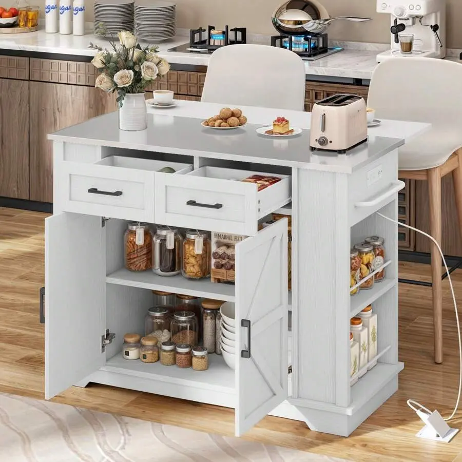 47" Counter Height Rolling Kitchen Island with Wood Frame, Folding Dropleaf, Locking Casters for Easy Mobility, Integrated Power Outlet, Plug (Voltage), Sleek Stainless Steel Top & Storage Drawer Cabinet