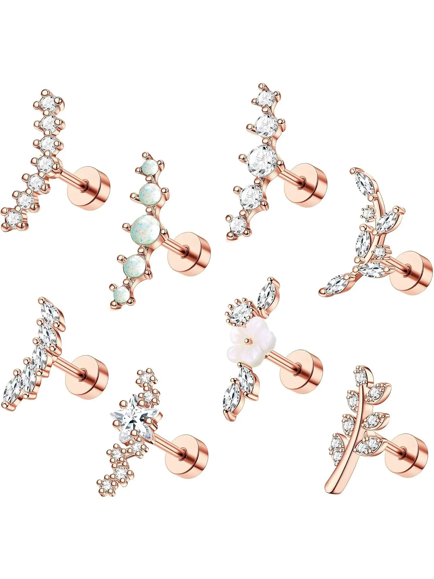 8Pcs Stainless Steel 16G Conch Piercing Jewelry Helix Cartilage Earrings Flower Opal CZ Stud Earrings Set with Flat Back for Women Rose Gold