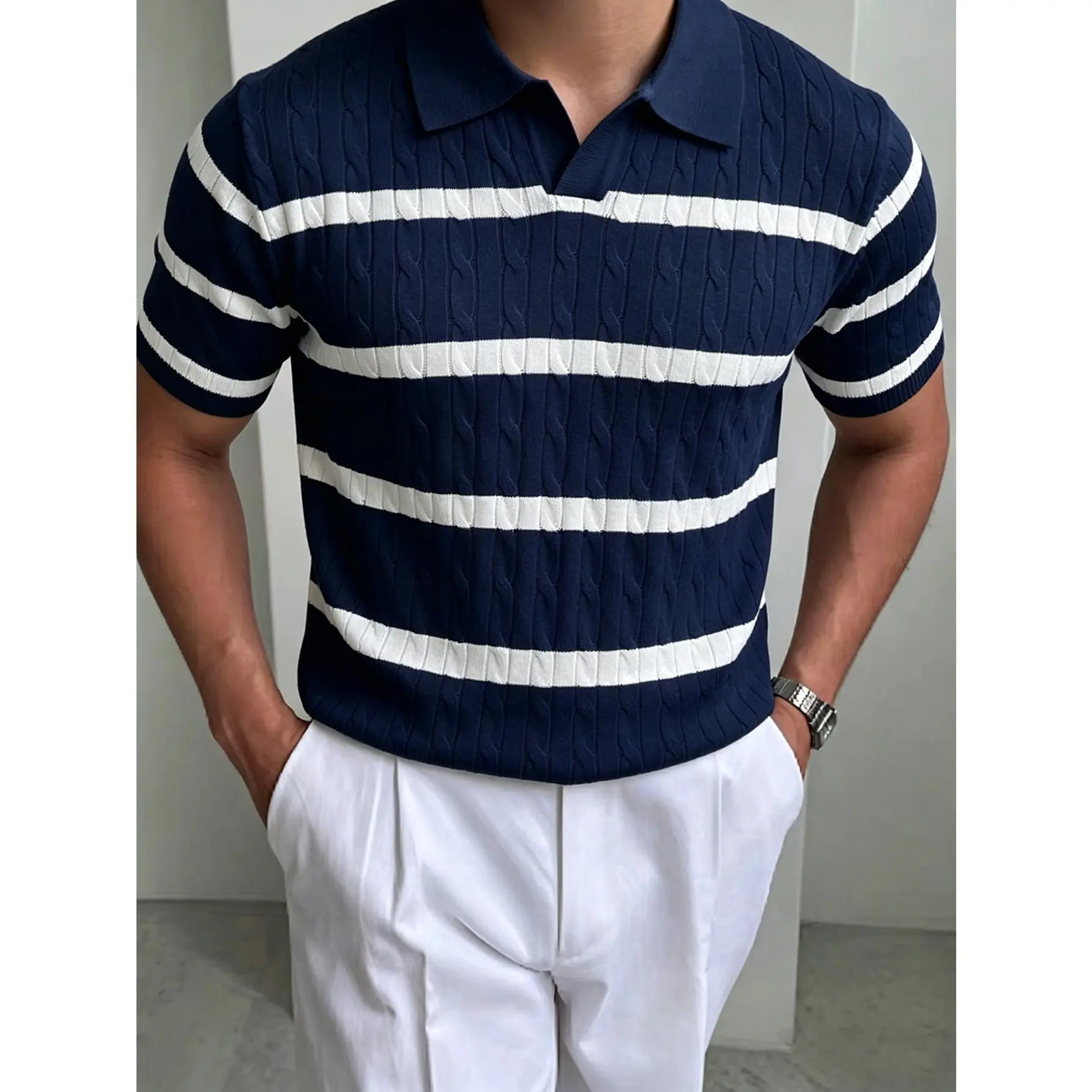 Cable Knit Textured Short Sleeve Polo Sweater, Horizontal Stripe Casual Knit Top, Lightweight Breathable Garment for Chic Daily Summer Outfits and Timeless Sophisticated Mensfashion
