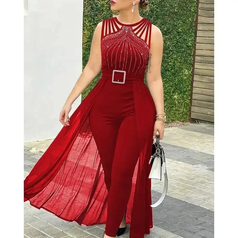 Summer Women's Sexy Round Neck Rhinestone Sheer Mesh Sleeveless Jumpsuit with Belt – New Fashion Rompers for Women Fabric Womenswear