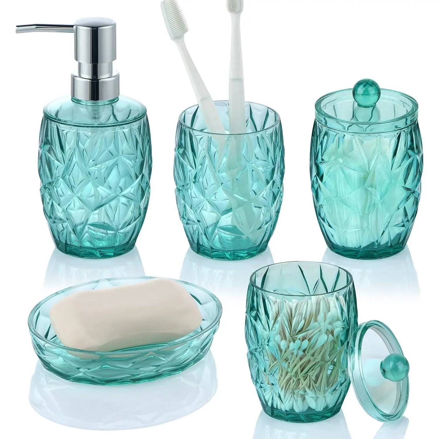 Shatterproof Acrylic Teal Blue Bathroom Accessories Set – Glass-Free, 5-Piece Vanity Set with Lotion Soap Dispenser, Toothbrush/Makeup Brush Holder, 2 Dust-Proof Cotton Jars, and Soap Dish