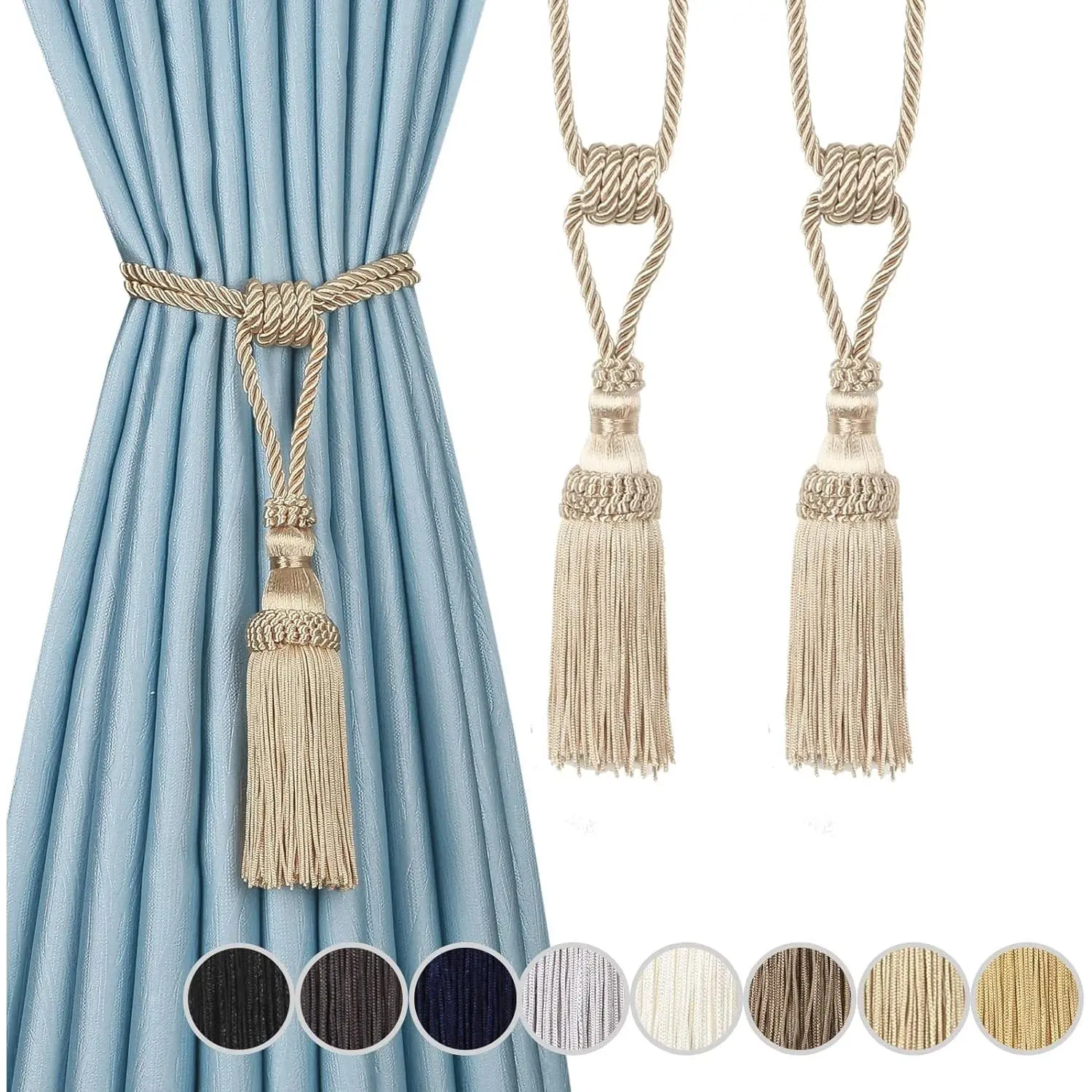 2PCS Curtain Tassel Tiebacks, Handmade Tassels Curtain Tie-Backs Rope Holdbacks for Home Office Decor-Beige