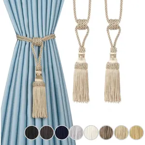 2PCS Curtain Tassel Tiebacks, Handmade Tassels Curtain Tie-Backs Rope Holdbacks for Home Office Decor-Beige