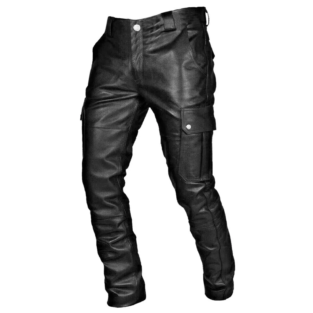 Men's Pocket Punk Vintage Goth Leather Pants PU Strap Casual Leather Pants