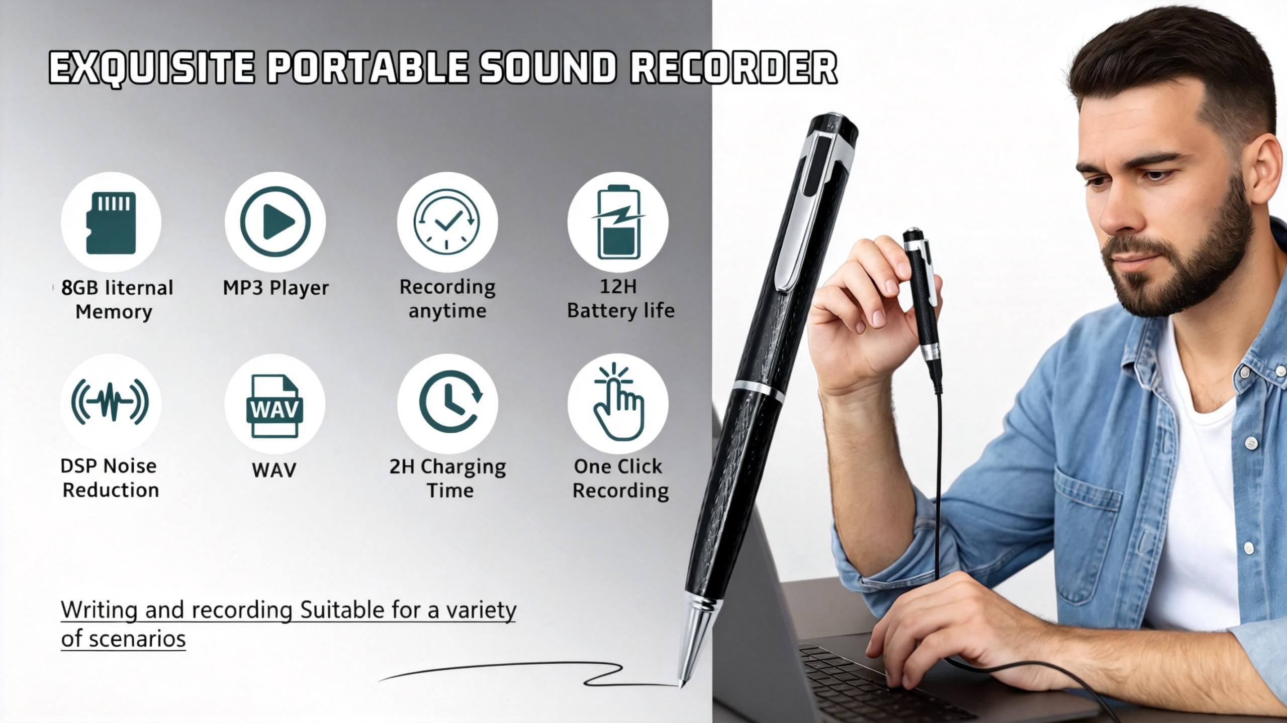YiNet Smart Digital Pen, Refillable, Metal Body, Portable Compact Technology Gadget, Voice Activated Smartphone Recorder, Noise Reduction for Convenient Voice Audio Recording, USB High-Precision Interview Recording Device festival gift