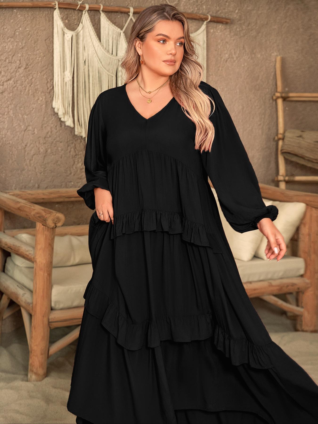 Plus Size Plain Woven Lantern Sleeve Tiered Ruffle Trim Smock Dress, Womenswear Elegant Style Aesthetic V Neck Long Sleeve Dress for Vacation Party Wedding Guest, Women's Clothes for All Seasons
