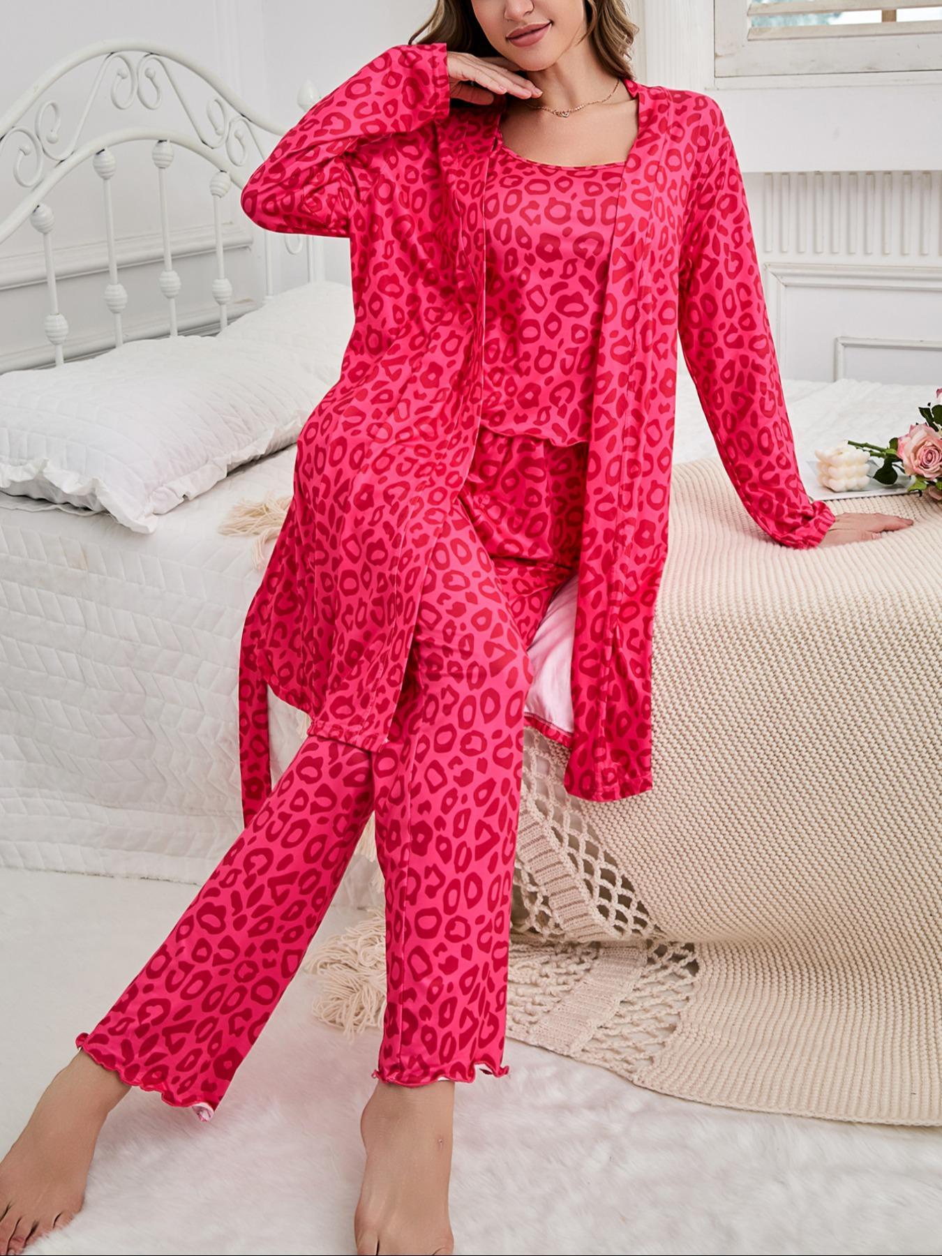 Women's All Over Leopard Print Long Sleeve Pajama Pyjamas Three-Piece Set, Casual Comfy Lounge Nightwear Set for Women, Comfy Loungewear Set for Daily Home Wear