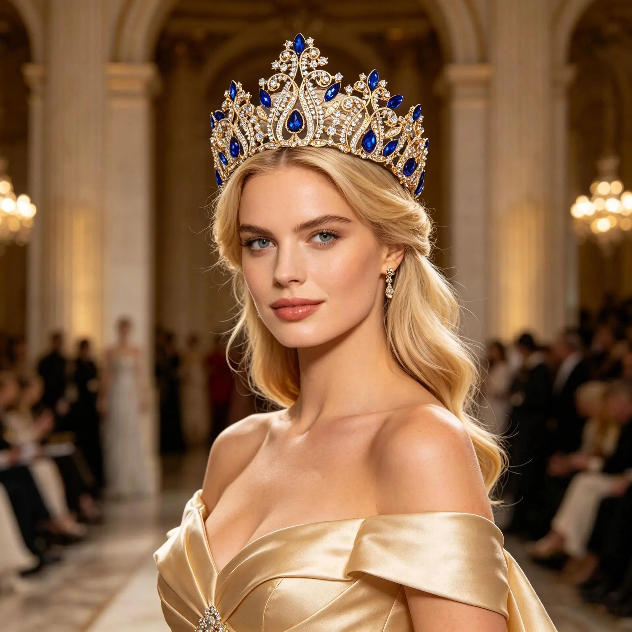 Sapphire Blue Crystal Bridal Tiara Crown  Gold Tone Rhinestone Wedding Headpiece for Women