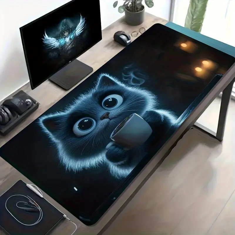 Cute Cat Holding Coffee Mouse Pad,Anti-Slip Rubber Base Wireless Mouse Pads for Desk, Computers, Laptop, Office Desk